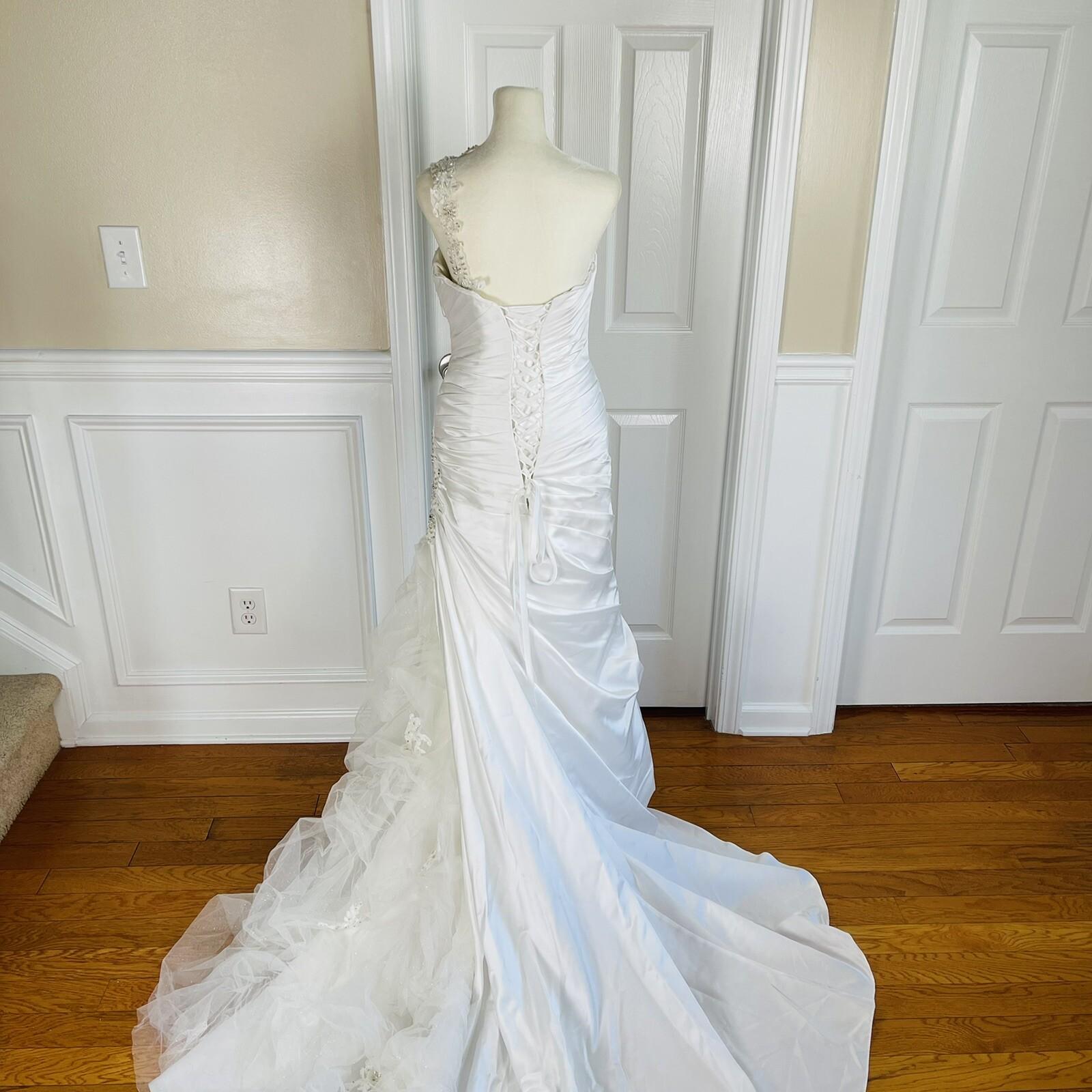 KITTY CHEN White Beaded One Shoulder Pleated Lace Corset Wedding Dress Size 2-4