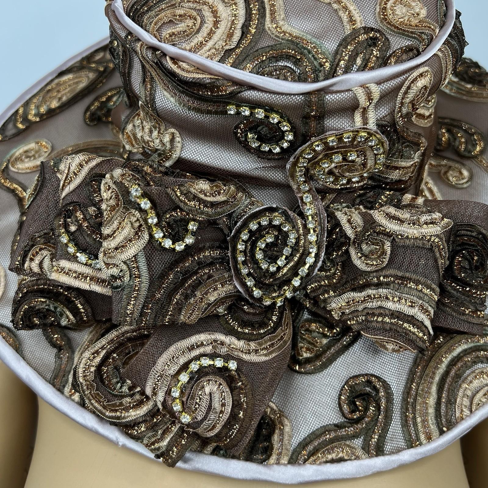Vintage Mr. Hi's Classic Wide Brim Brown Church Tea Dress Hat Sequins Bow Beaded