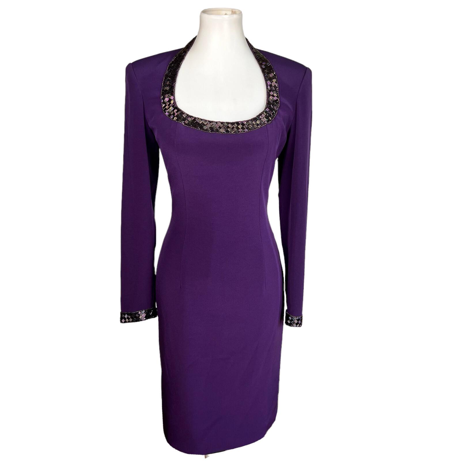 OLEG CASSINI BLACKTIE Beaded Purple Open Back Collarless Formal Dress Size 6