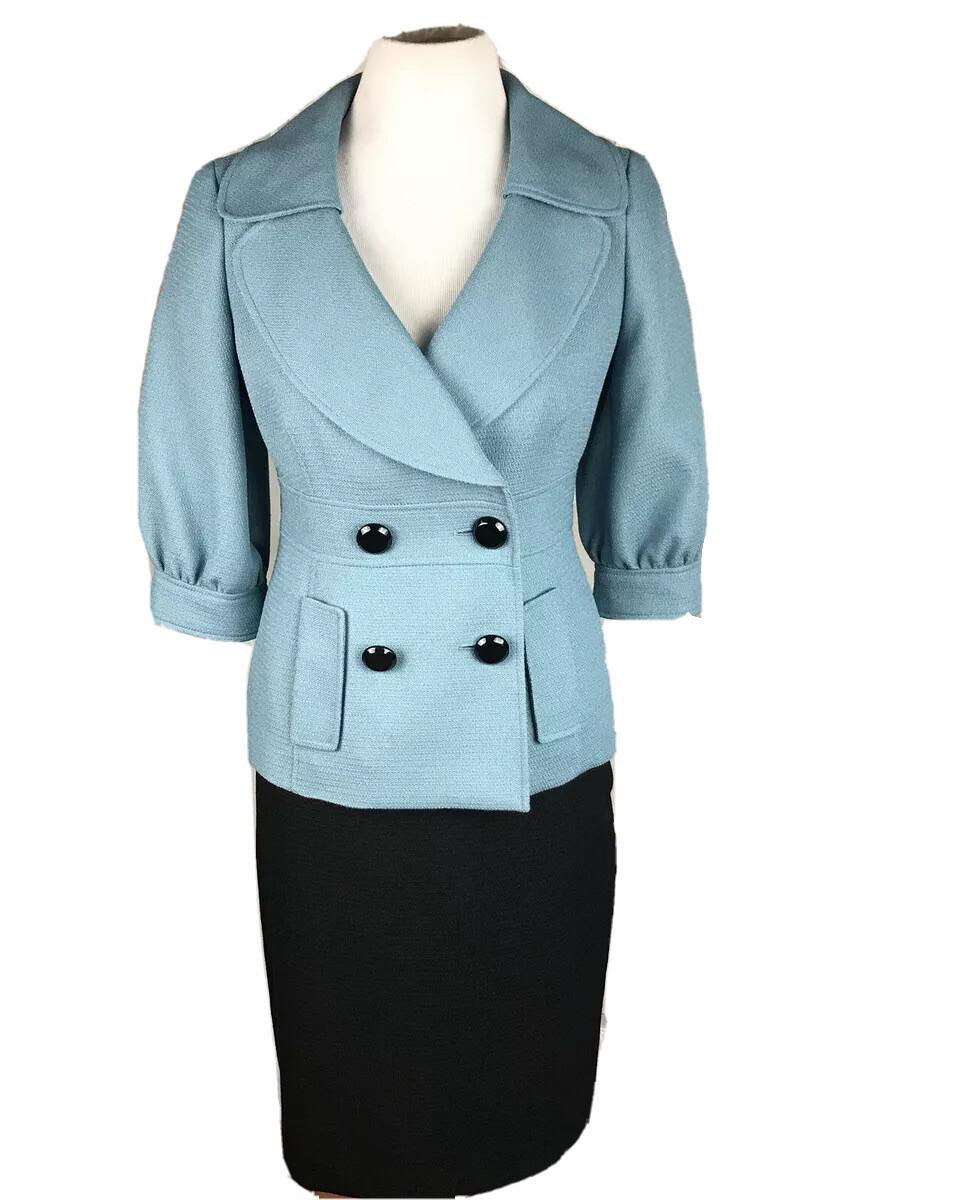Nine West Polyester Rayon Skirt Suit Size 2 Blue Black Short Sleeves Pockets 2PC