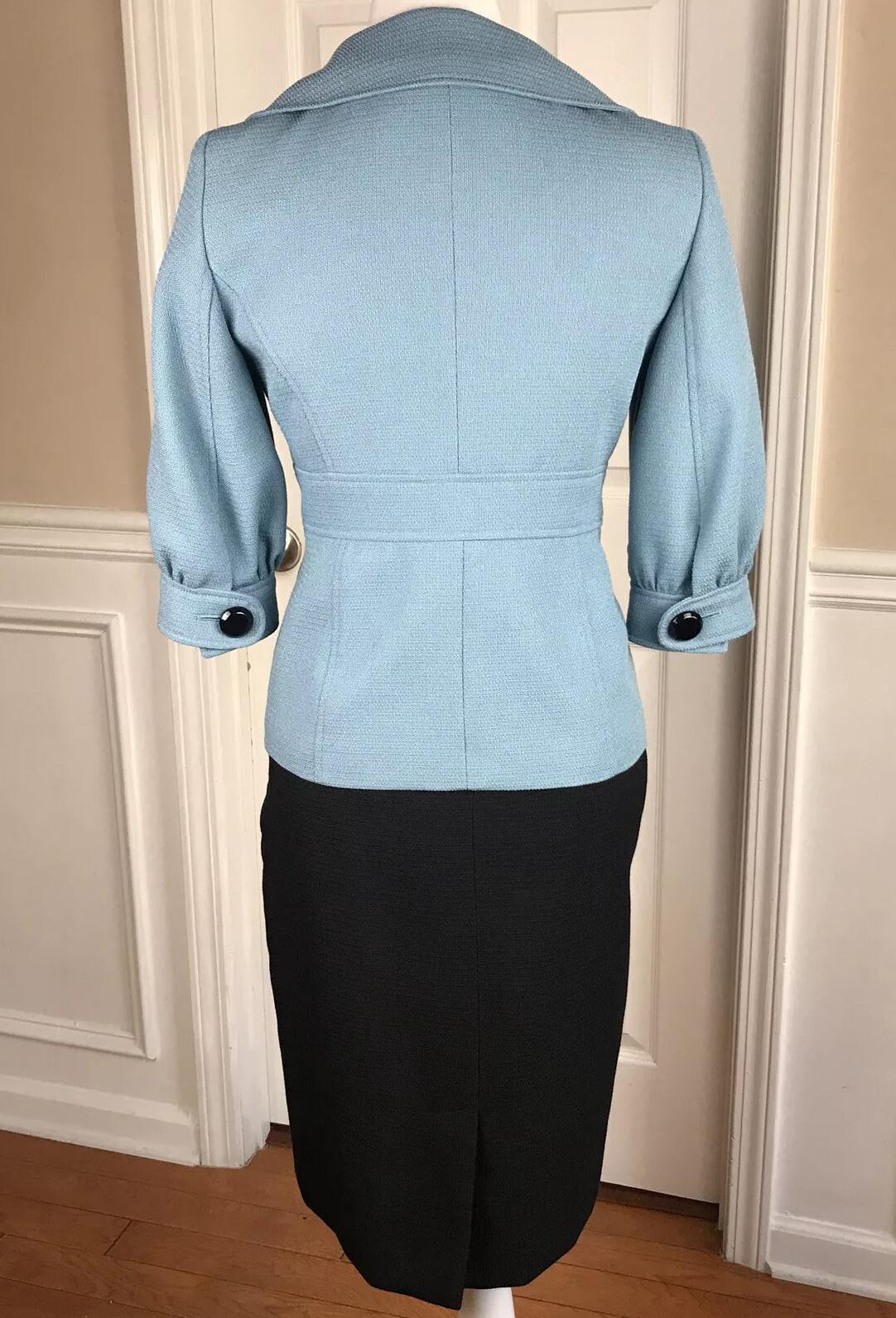 Nine West Polyester Rayon Skirt Suit Size 2 Blue Black Short Sleeves Pockets 2PC