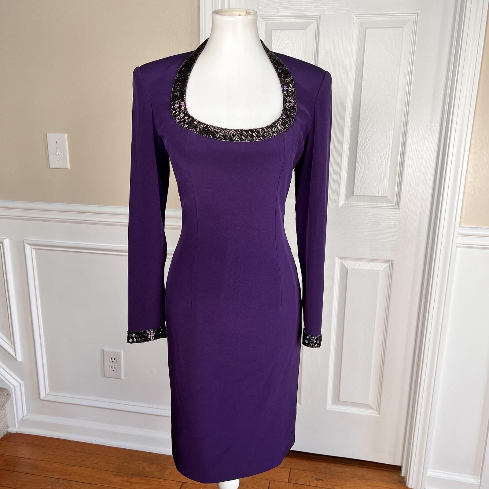 OLEG CASSINI BLACKTIE Beaded Purple Open Back Collarless Formal Dress Size 6