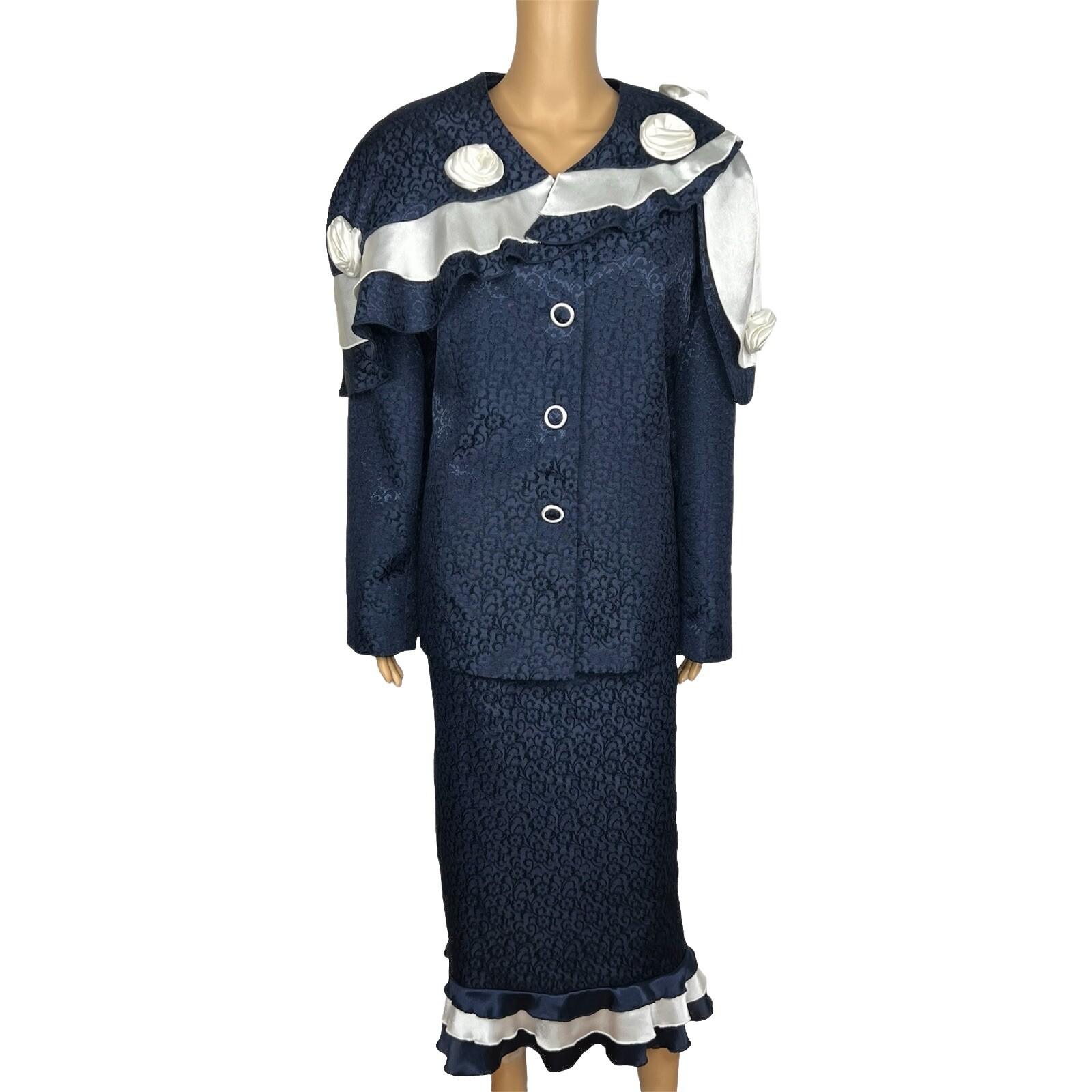 Giovanna Signature Polyester Skirt Suit Scarf Size 18 Blue White Ruffle 2PC