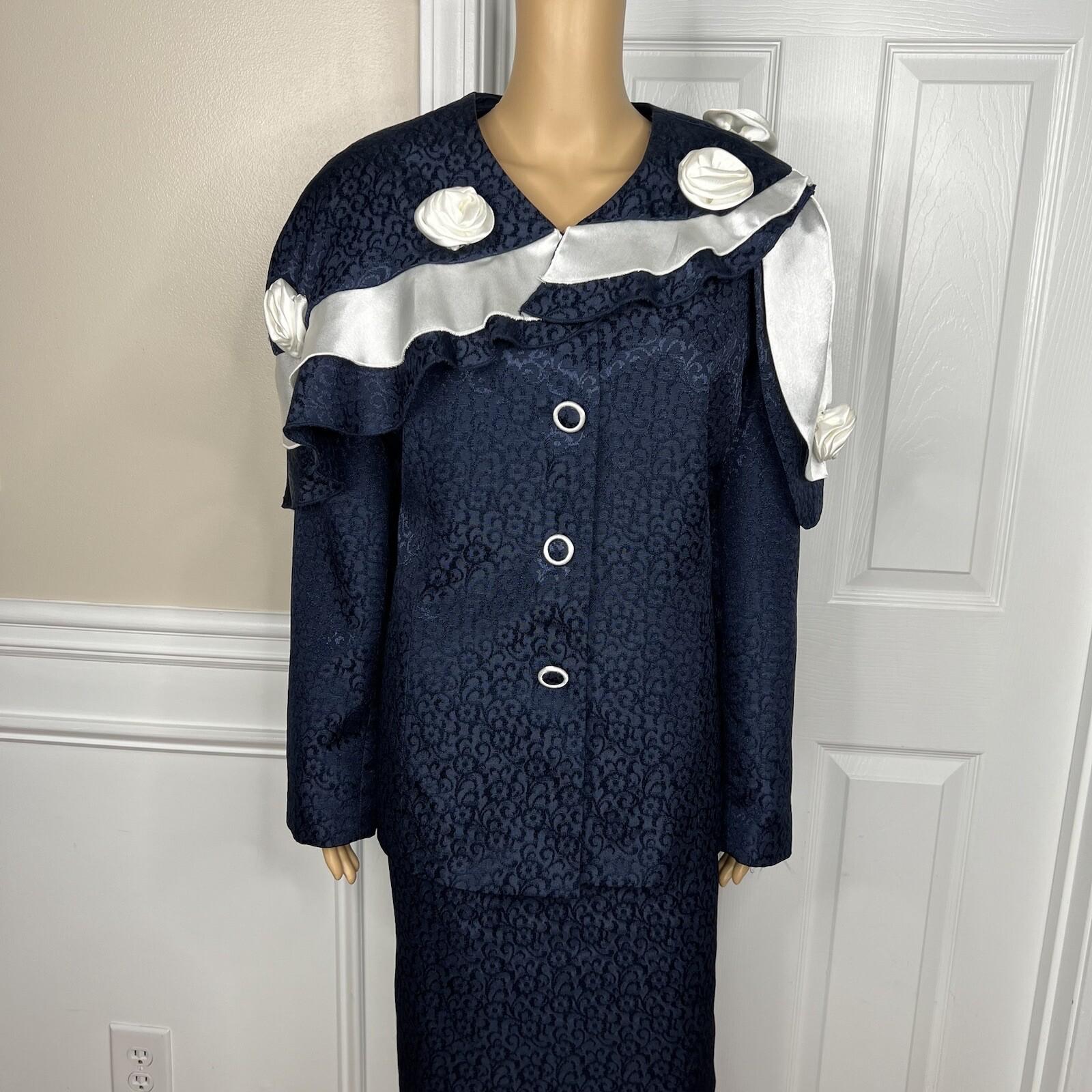 Giovanna Signature Polyester Skirt Suit Scarf Size 18 Blue White Ruffle 2PC
