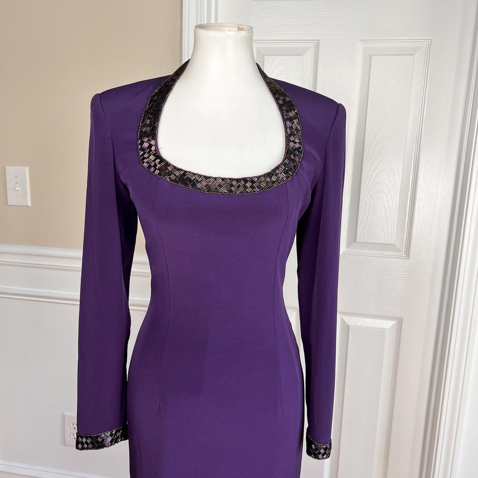 OLEG CASSINI BLACKTIE Beaded Purple Open Back Collarless Formal Dress Size 6