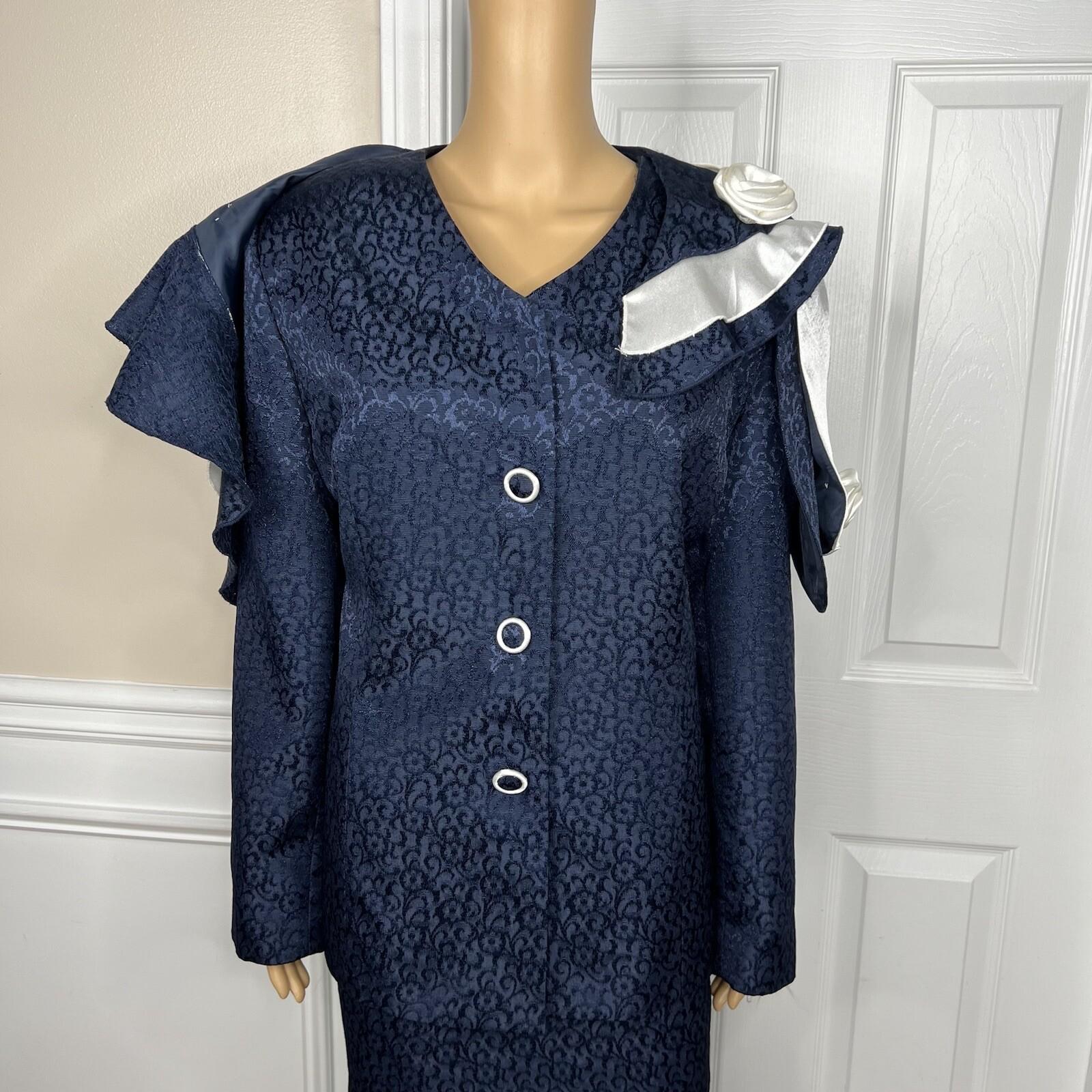 Giovanna Signature Polyester Skirt Suit Scarf Size 18 Blue White Ruffle 2PC