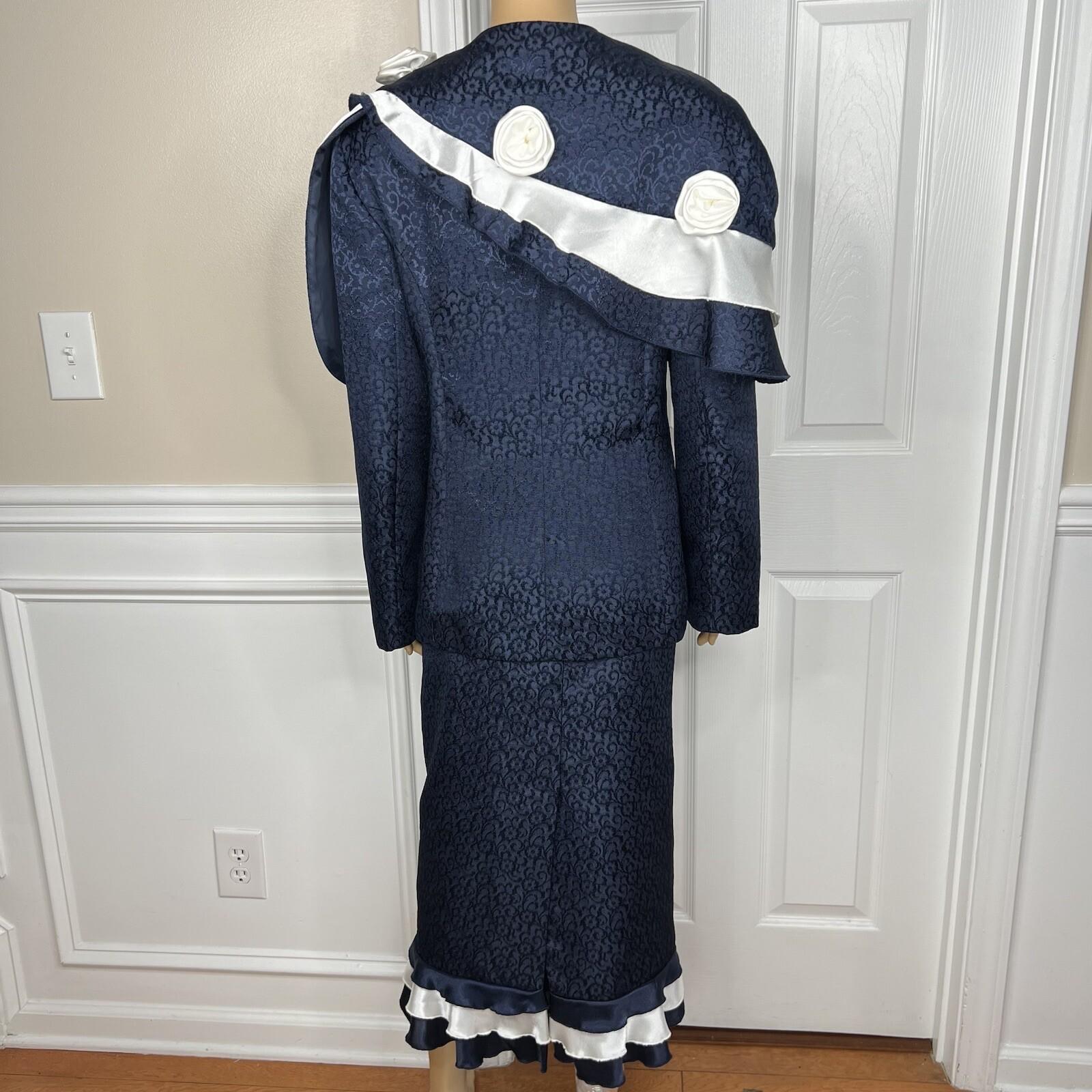 Giovanna Signature Polyester Skirt Suit Scarf Size 18 Blue White Ruffle 2PC