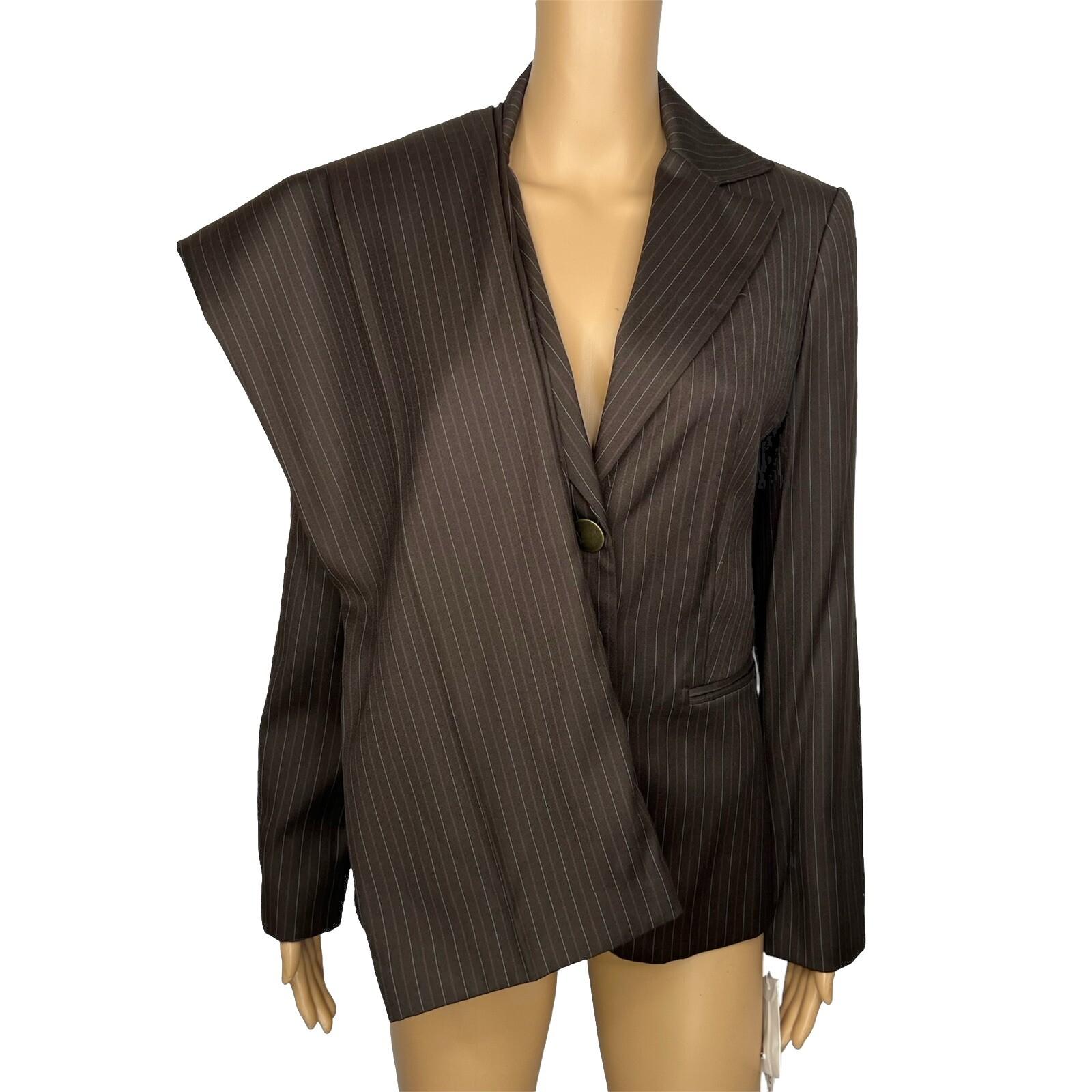 Sharagano Polyester Rayon Pant Suit Side 6 Brown Striped Notch Collar 2PC New