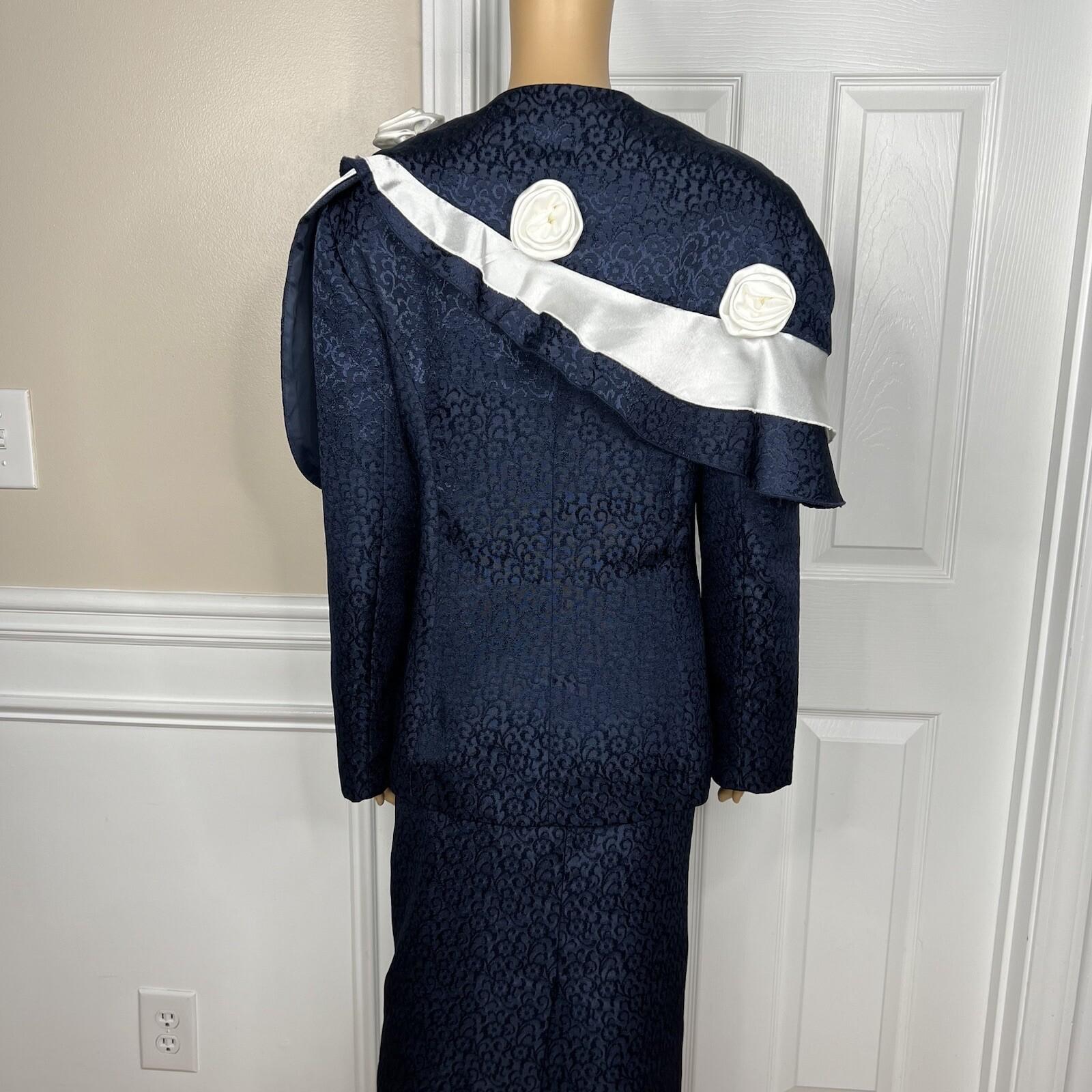 Giovanna Signature Polyester Skirt Suit Scarf Size 18 Blue White Ruffle 2PC