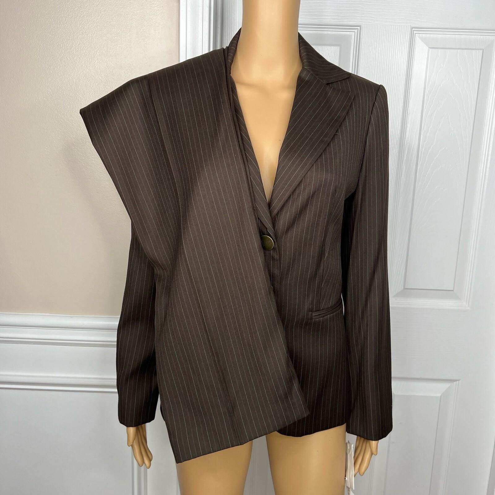 Sharagano Polyester Rayon Pant Suit Side 6 Brown Striped Notch Collar 2PC New