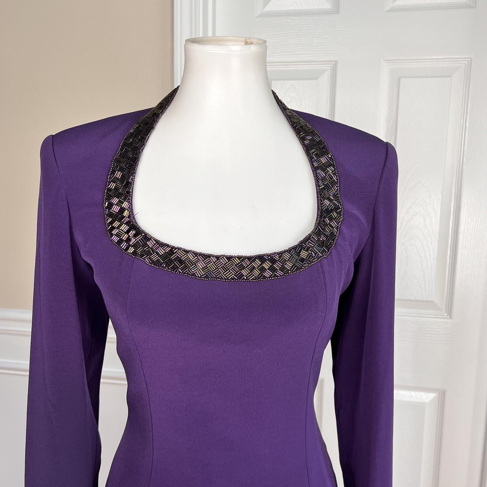 OLEG CASSINI BLACKTIE Beaded Purple Open Back Collarless Formal Dress Size 6