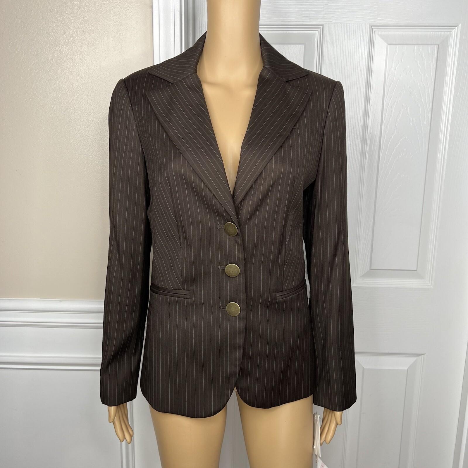 Sharagano Polyester Rayon Pant Suit Side 6 Brown Striped Notch Collar 2PC New
