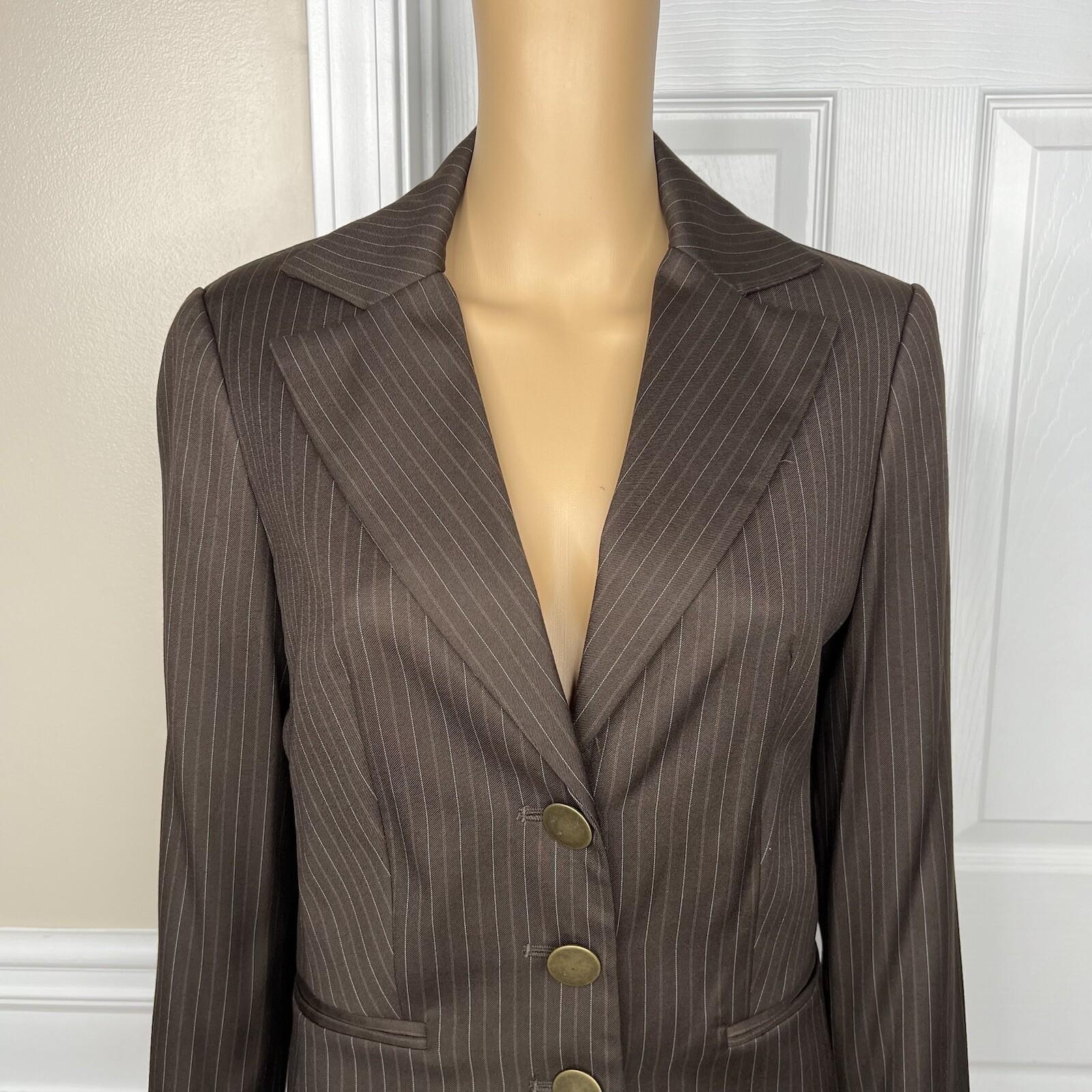 Sharagano Polyester Rayon Pant Suit Side 6 Brown Striped Notch Collar 2PC New