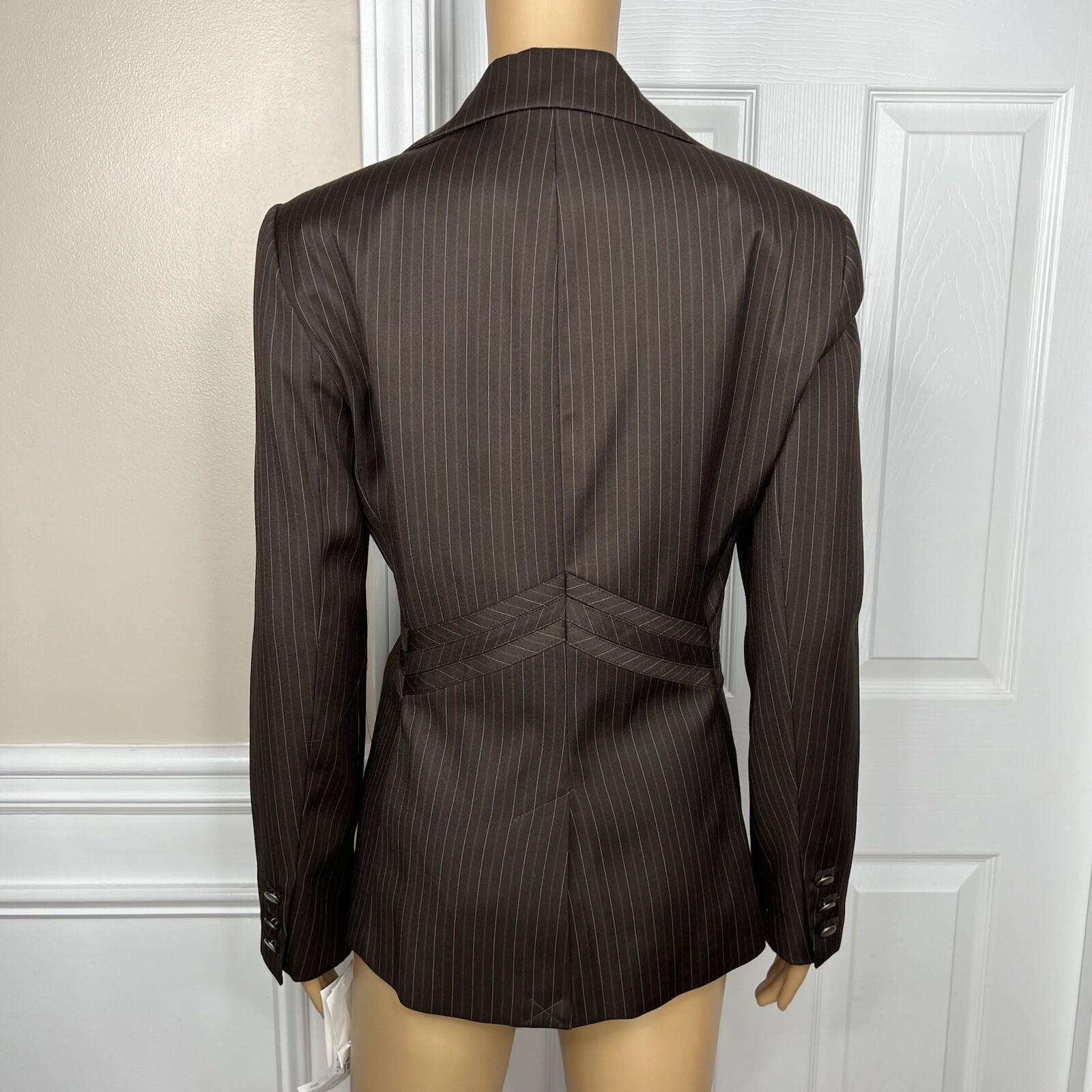 Sharagano Polyester Rayon Pant Suit Side 6 Brown Striped Notch Collar 2PC New
