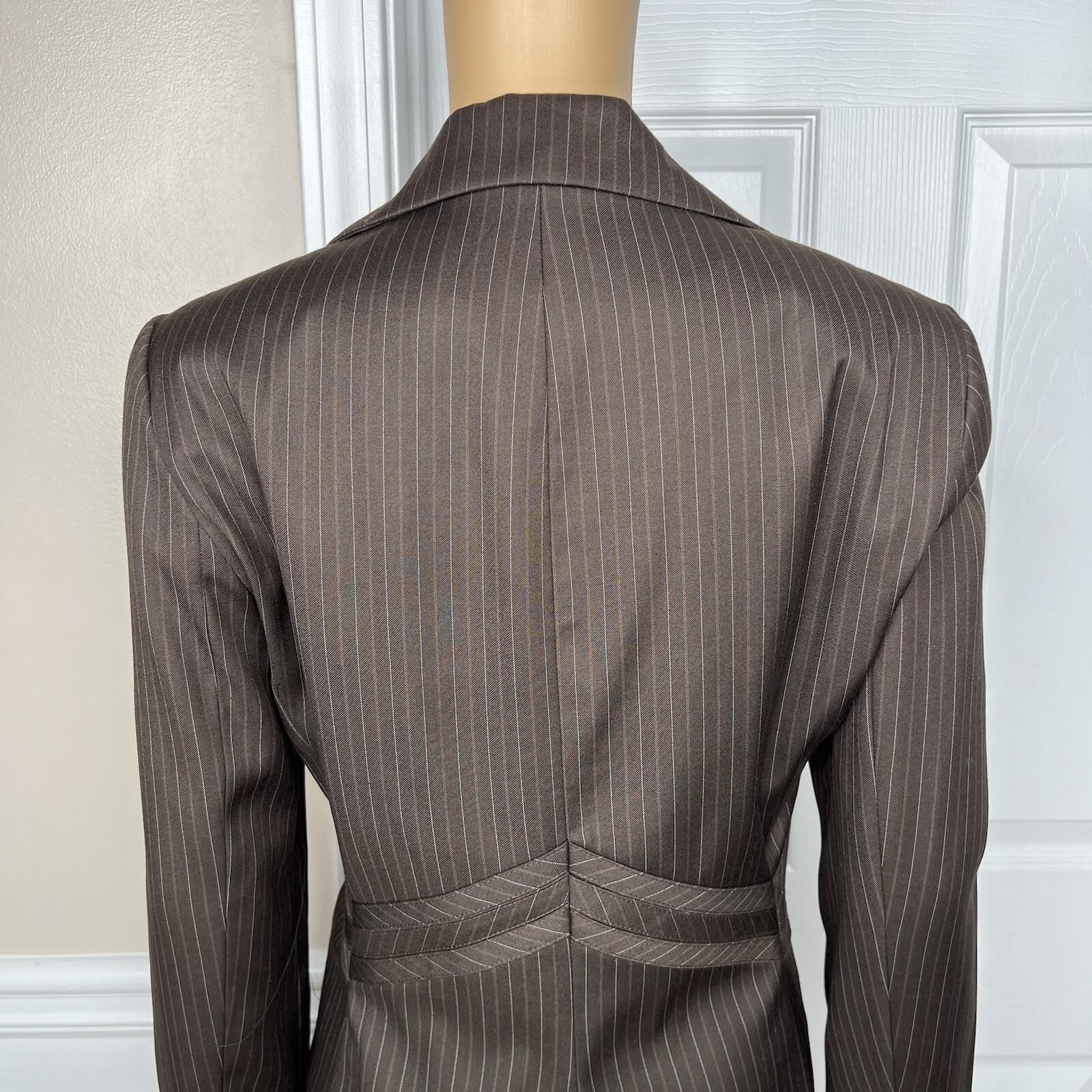 Sharagano Polyester Rayon Pant Suit Side 6 Brown Striped Notch Collar 2PC New