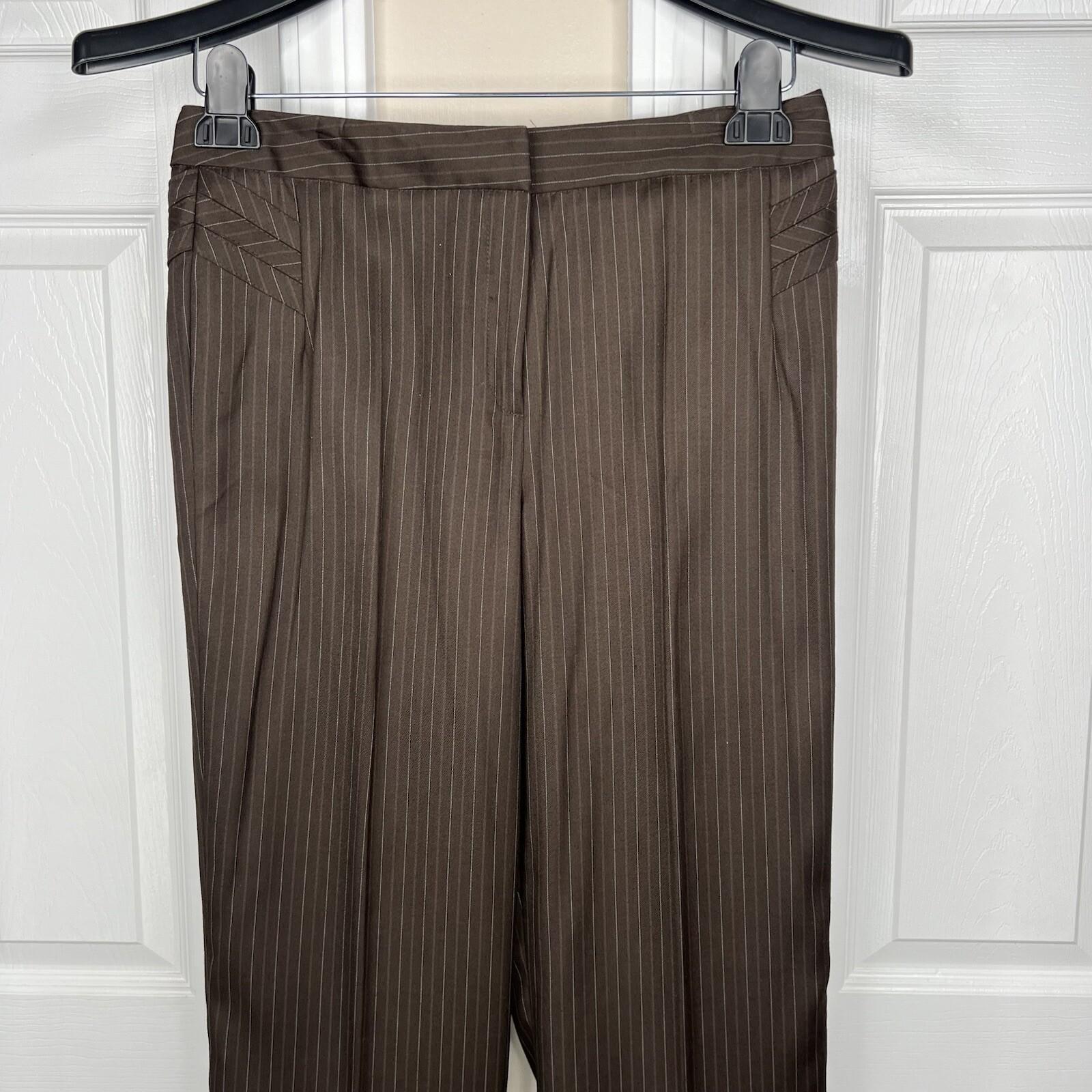 Sharagano Polyester Rayon Pant Suit Side 6 Brown Striped Notch Collar 2PC New