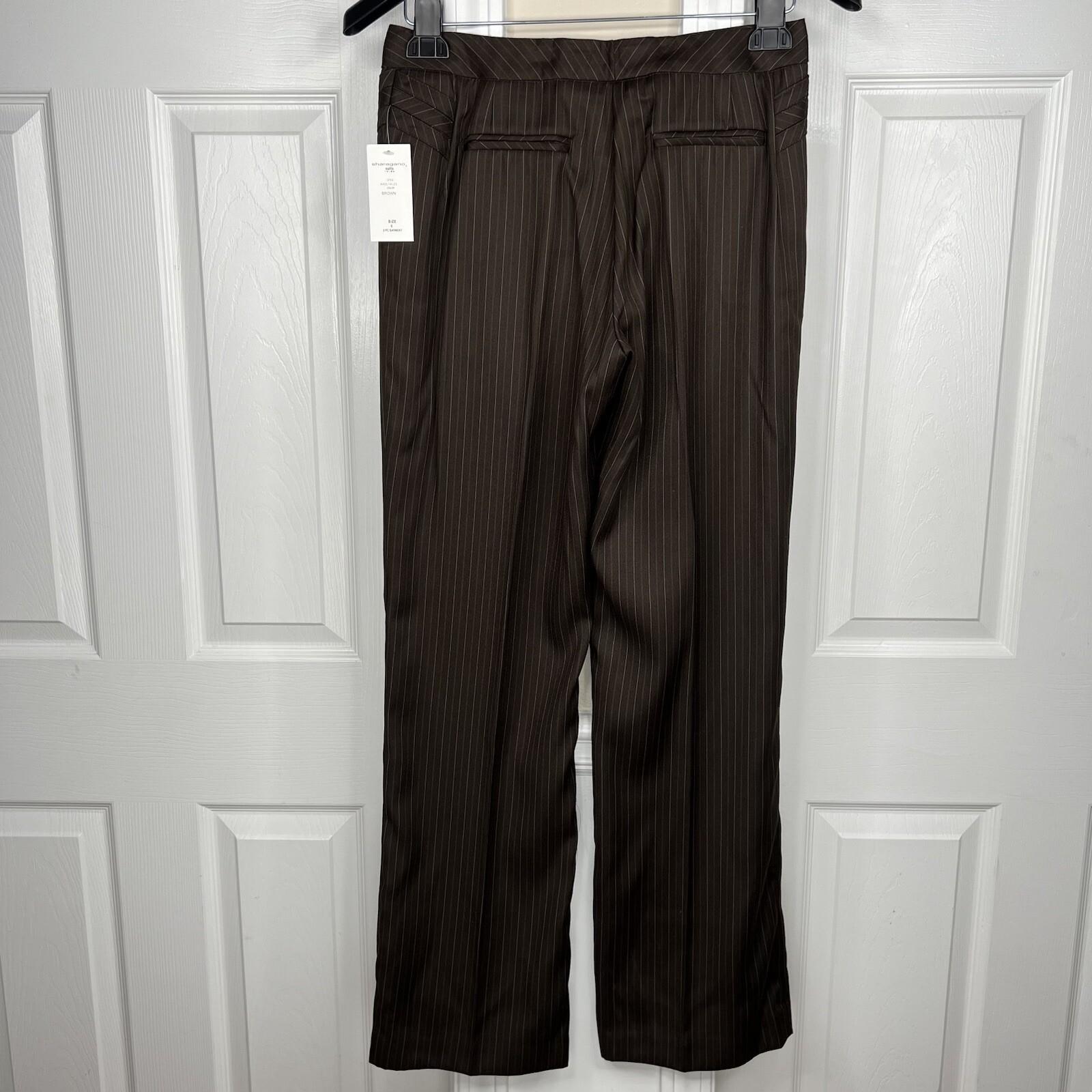 Sharagano Polyester Rayon Pant Suit Side 6 Brown Striped Notch Collar 2PC New