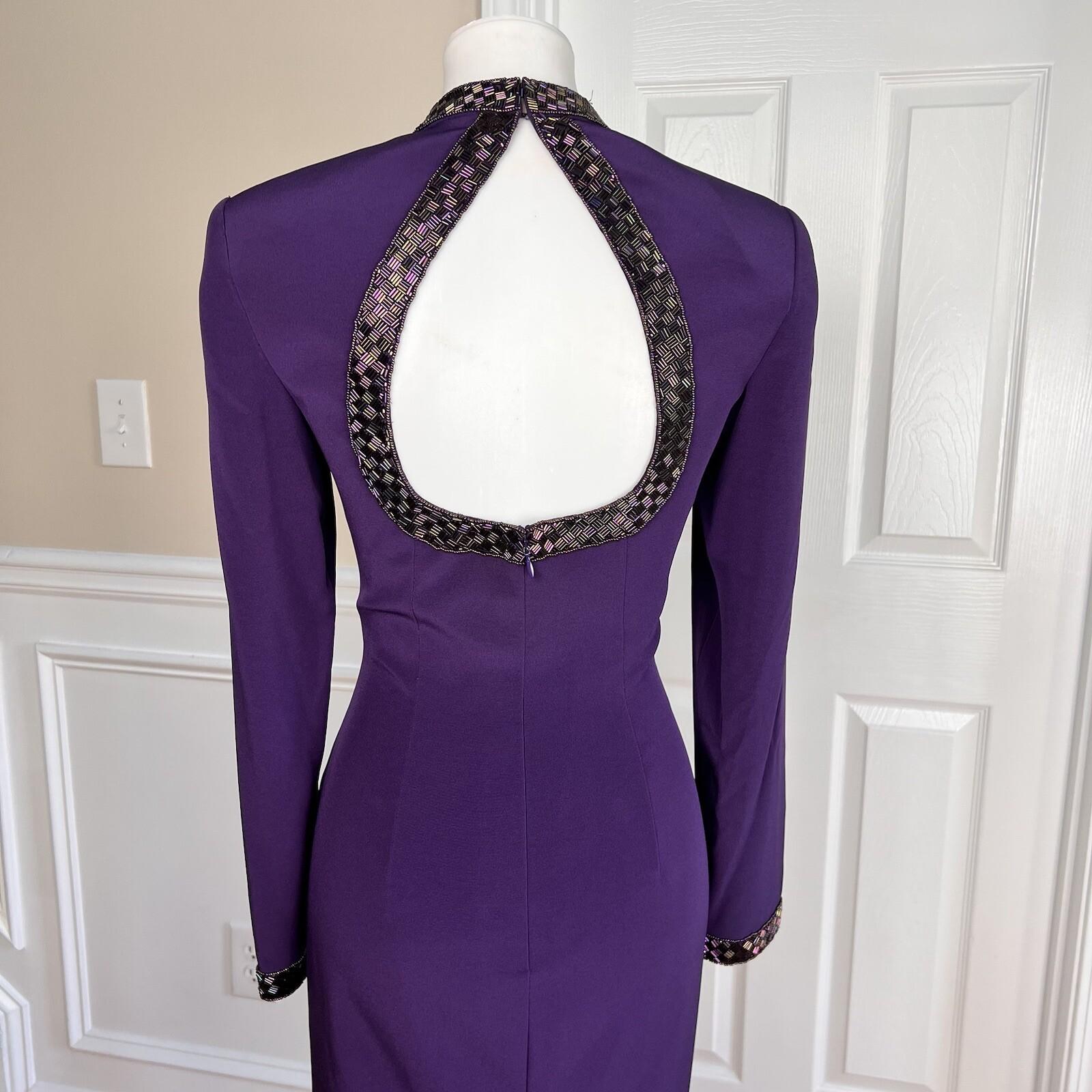 OLEG CASSINI BLACKTIE Beaded Purple Open Back Collarless Formal Dress Size 6