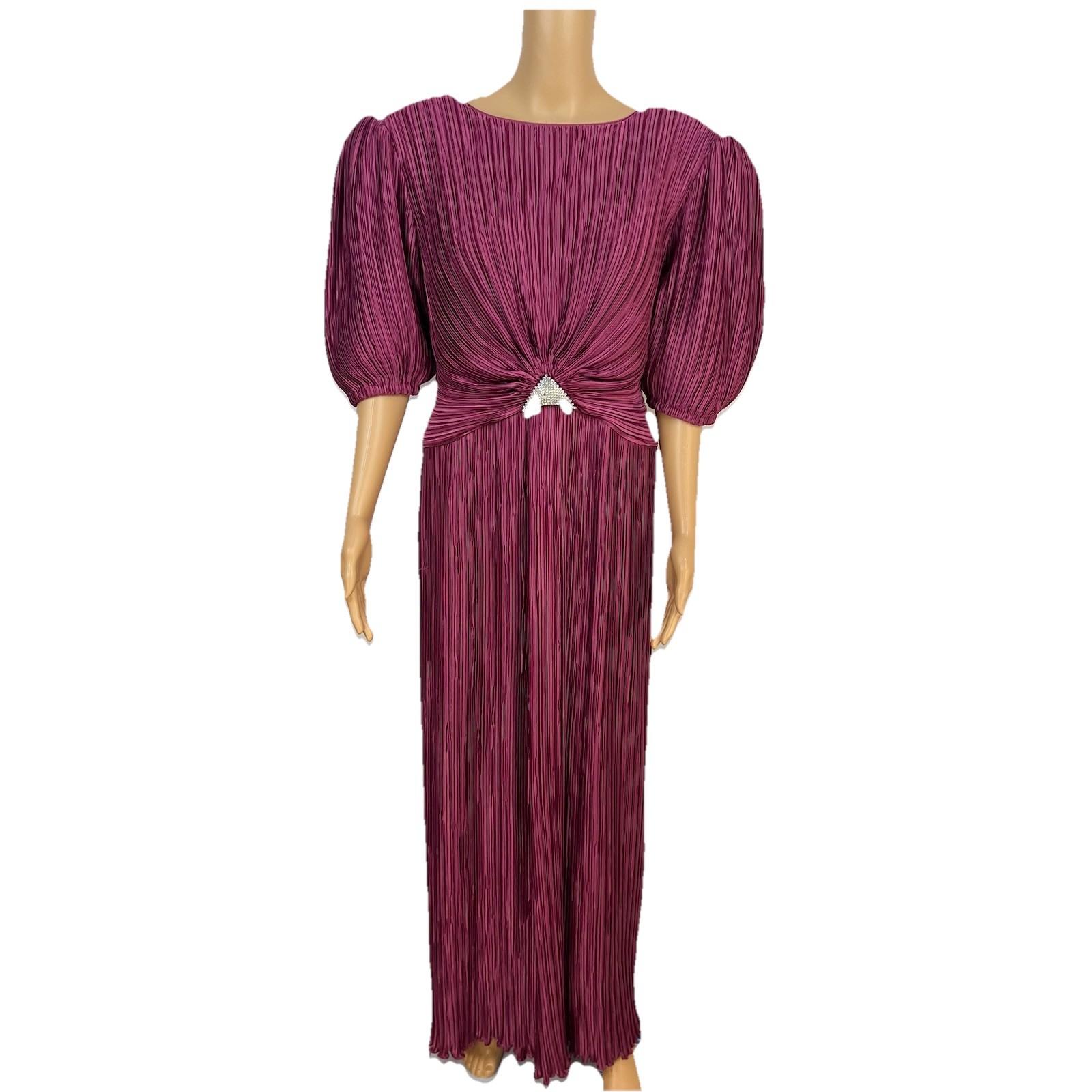 Vintage George F Couture Dress 16 Purple Accordion Pleats Puff Sleeve Gown