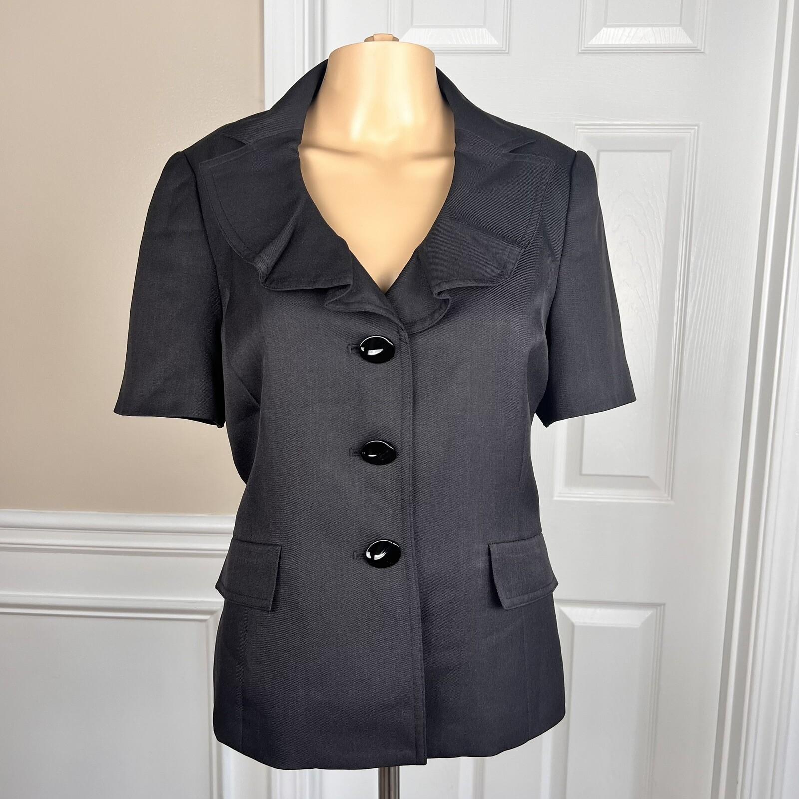 KASPER 2PC Black Polyester Short Sleeves Ruffle Collar Pant Suit Size 8P