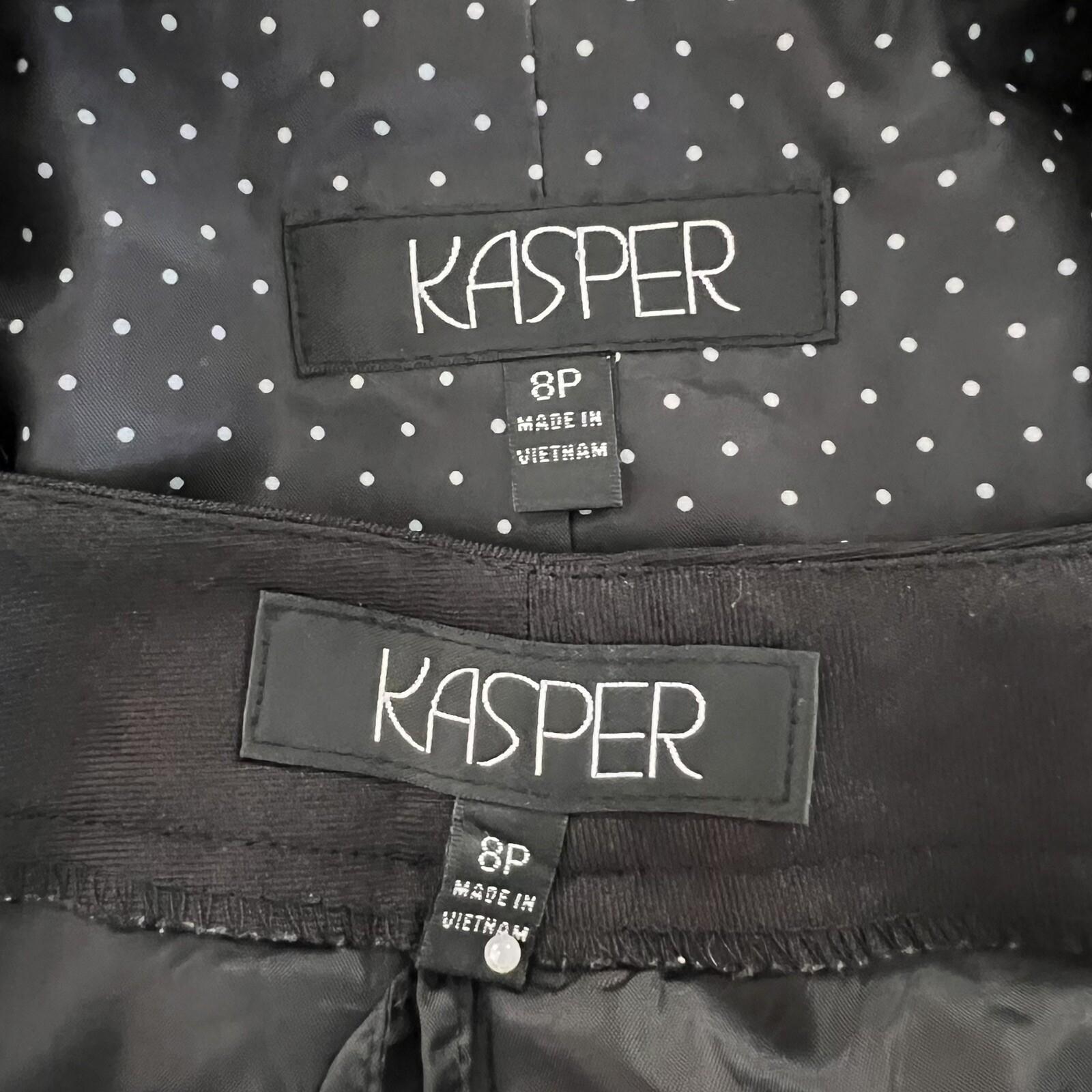 KASPER 2PC Black Polyester Short Sleeves Ruffle Collar Pant Suit Size 8P