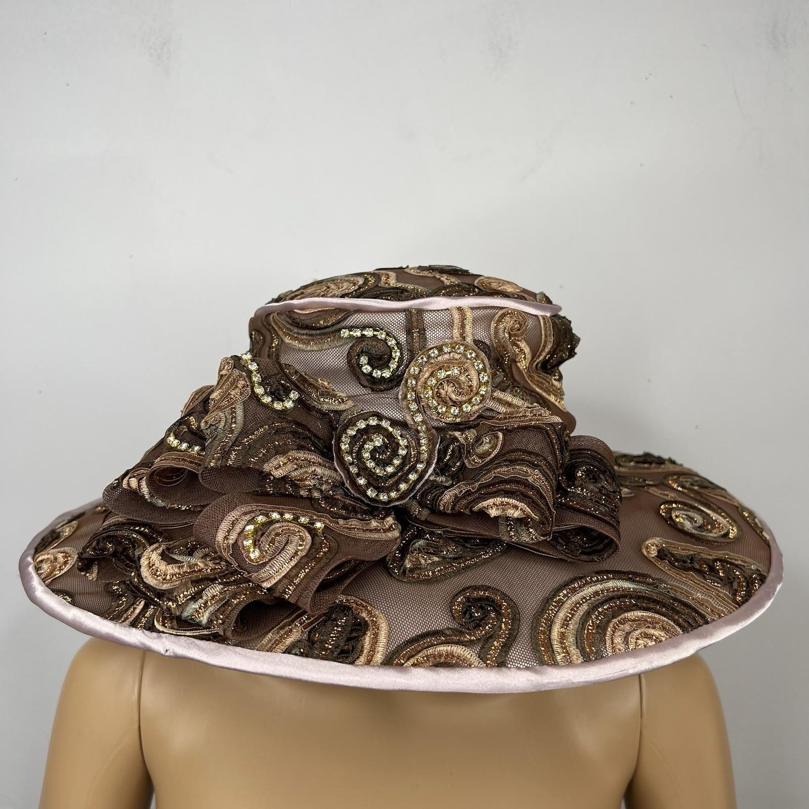 Vintage Mr. Hi's Classic Wide Brim Brown Church Tea Dress Hat Sequins Bow Beaded