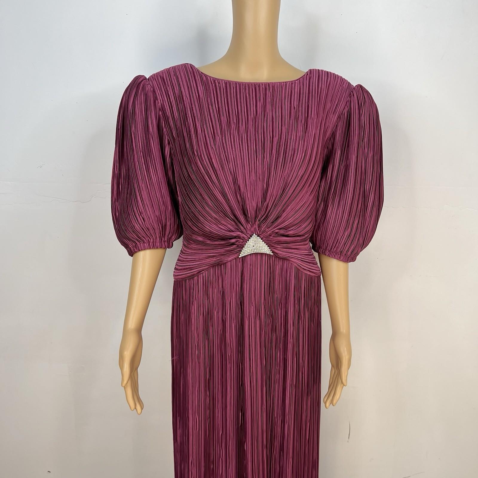Vintage George F Couture Dress 16 Purple Accordion Pleats Puff Sleeve Gown