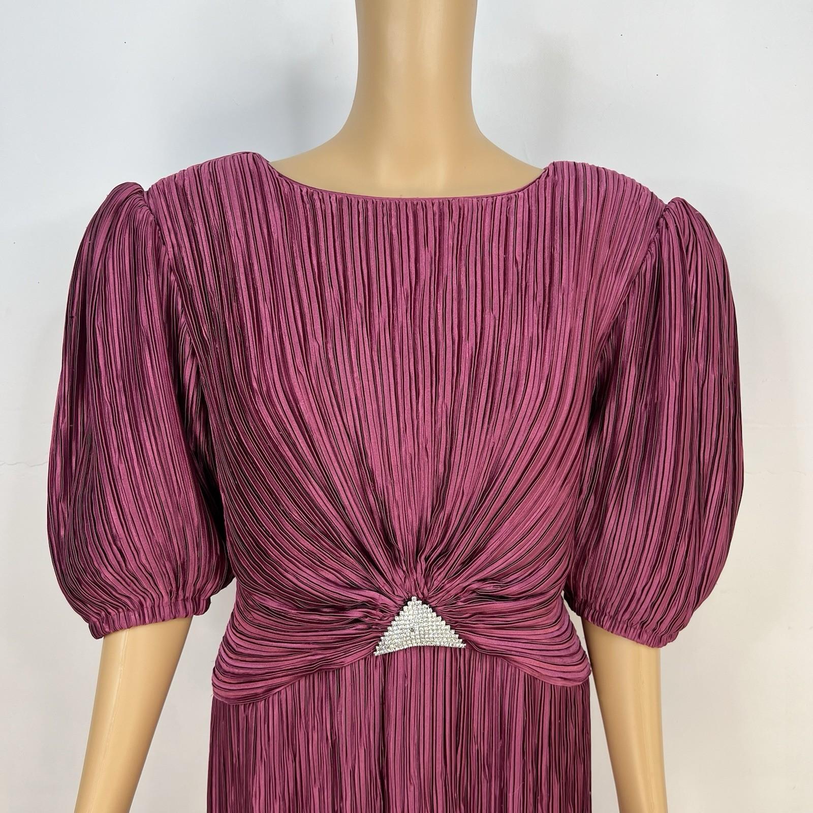 Vintage George F Couture Dress 16 Purple Accordion Pleats Puff Sleeve Gown
