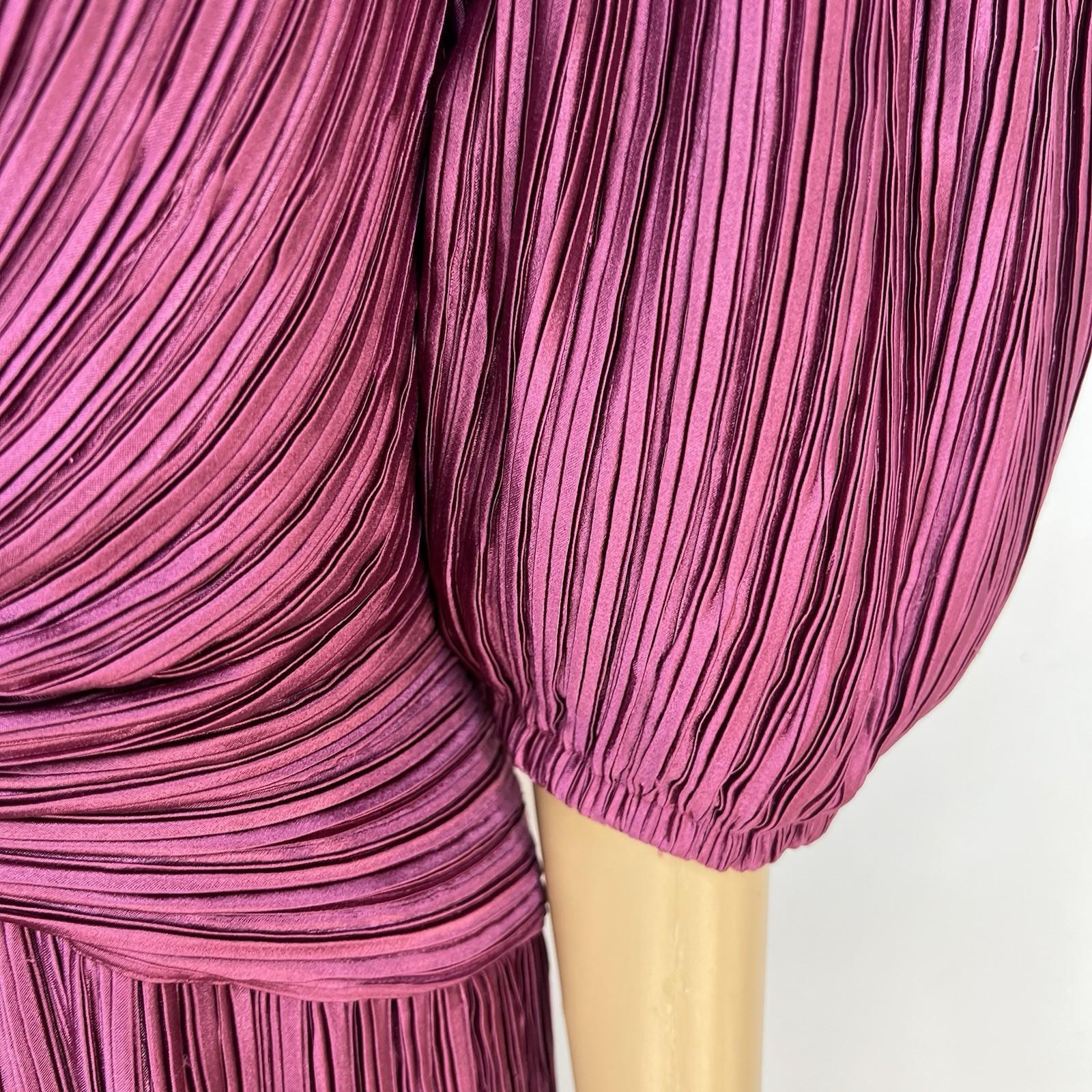 Vintage George F Couture Dress 16 Purple Accordion Pleats Puff Sleeve Gown