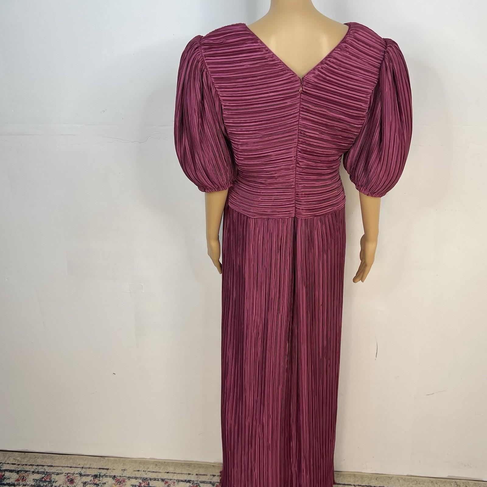 Vintage George F Couture Dress 16 Purple Accordion Pleats Puff Sleeve Gown