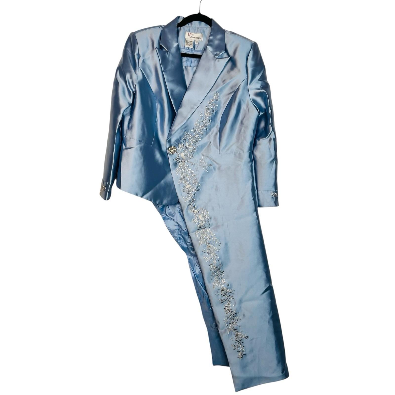 EY Boutique Asymmetrical Embroidered Blazer Suit 12 Light Blue Beaded 1PC New