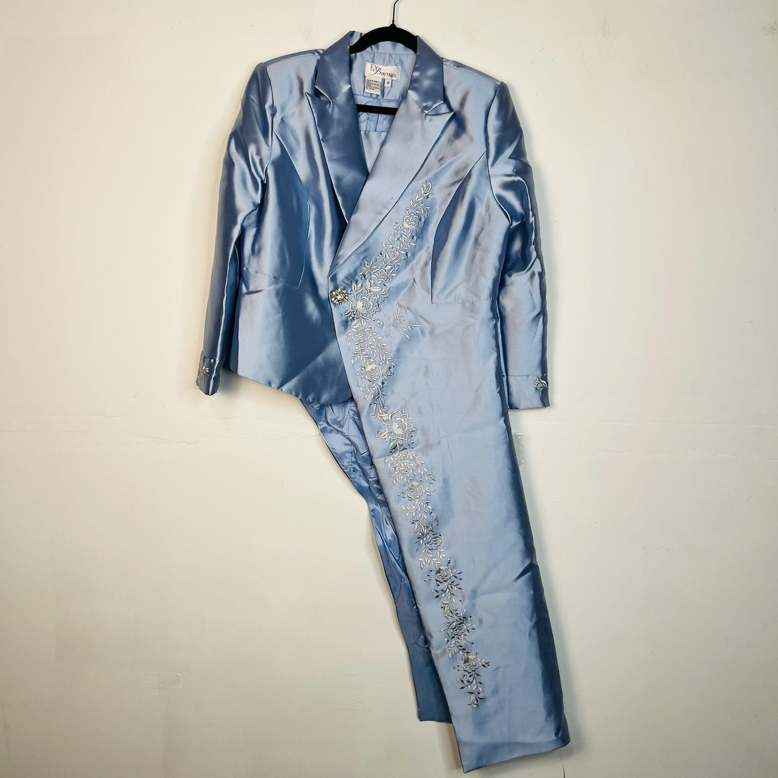 EY Boutique Asymmetrical Embroidered Blazer Suit 12 Light Blue Beaded 1PC New
