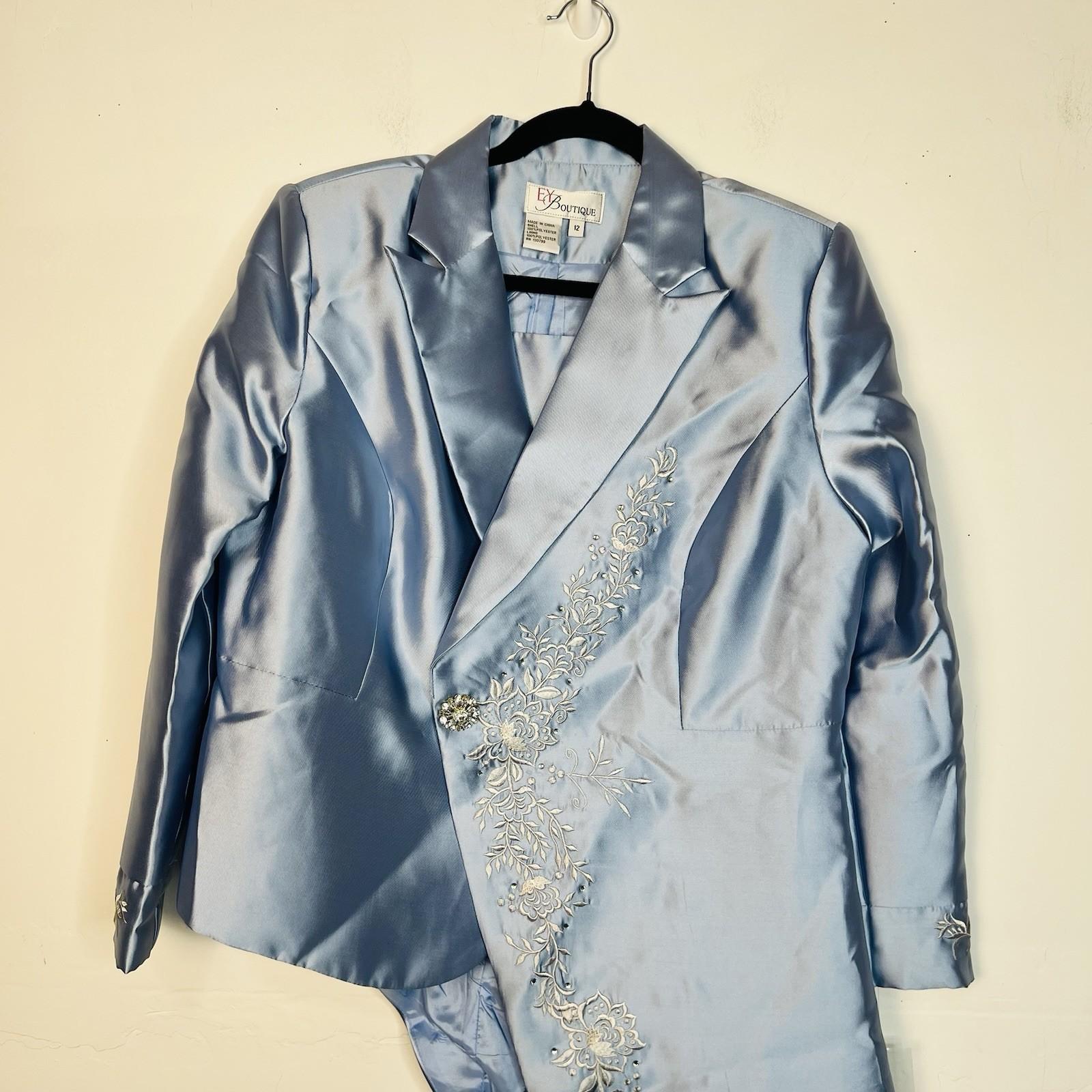 EY Boutique Asymmetrical Embroidered Blazer Suit 12 Light Blue Beaded 1PC New