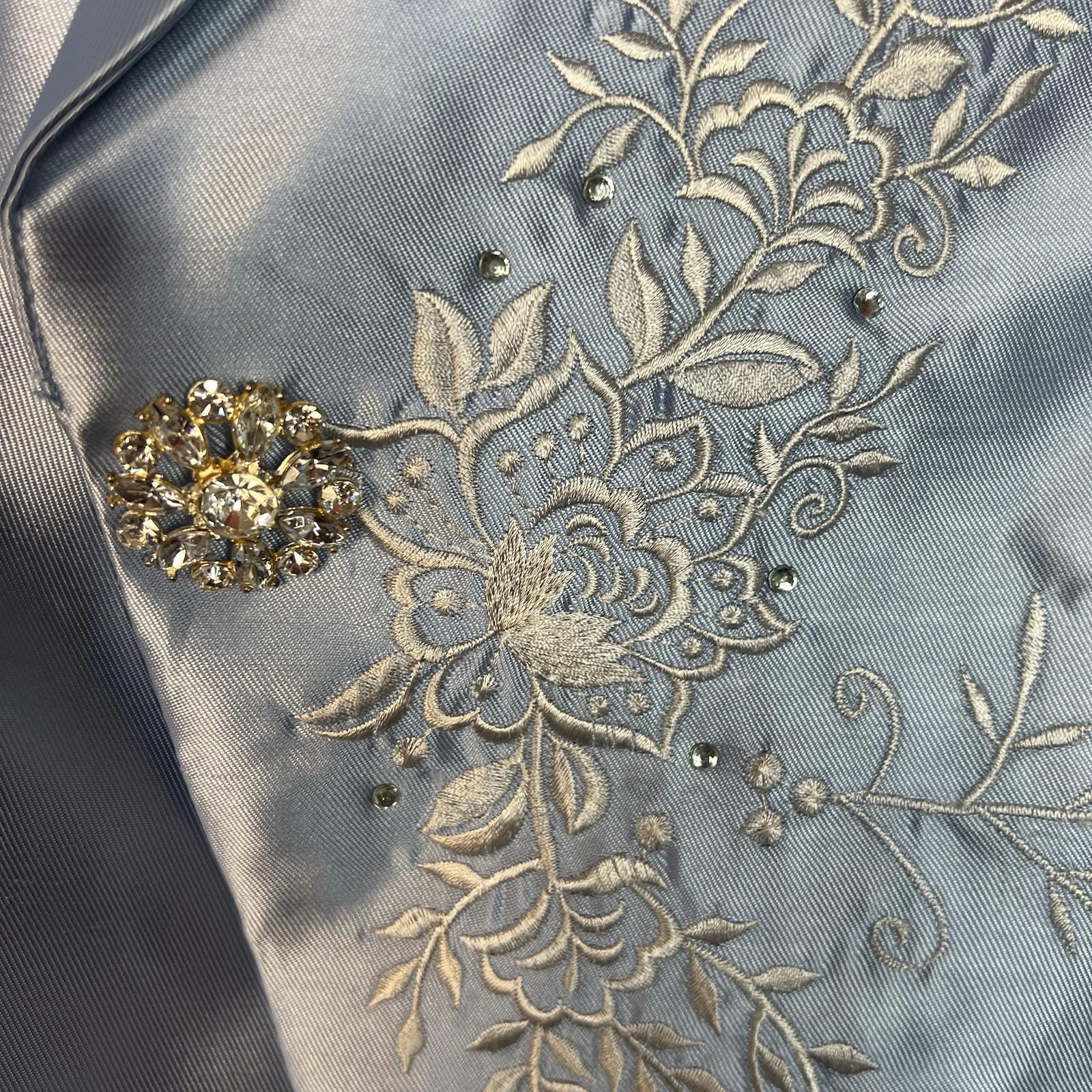 EY Boutique Asymmetrical Embroidered Blazer Suit 12 Light Blue Beaded 1PC New