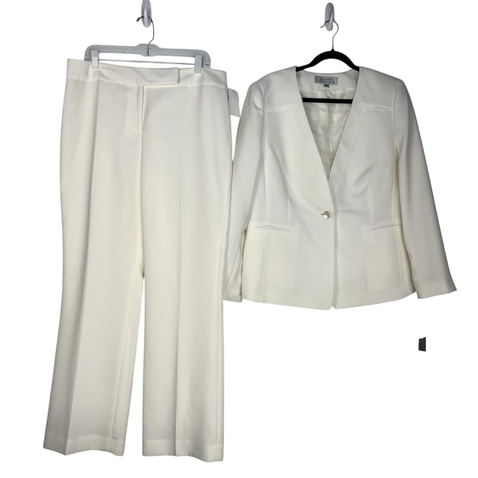 Tahari ASL Polyester Pant Suit Size 16 Off White Collarless One Button 2PC New