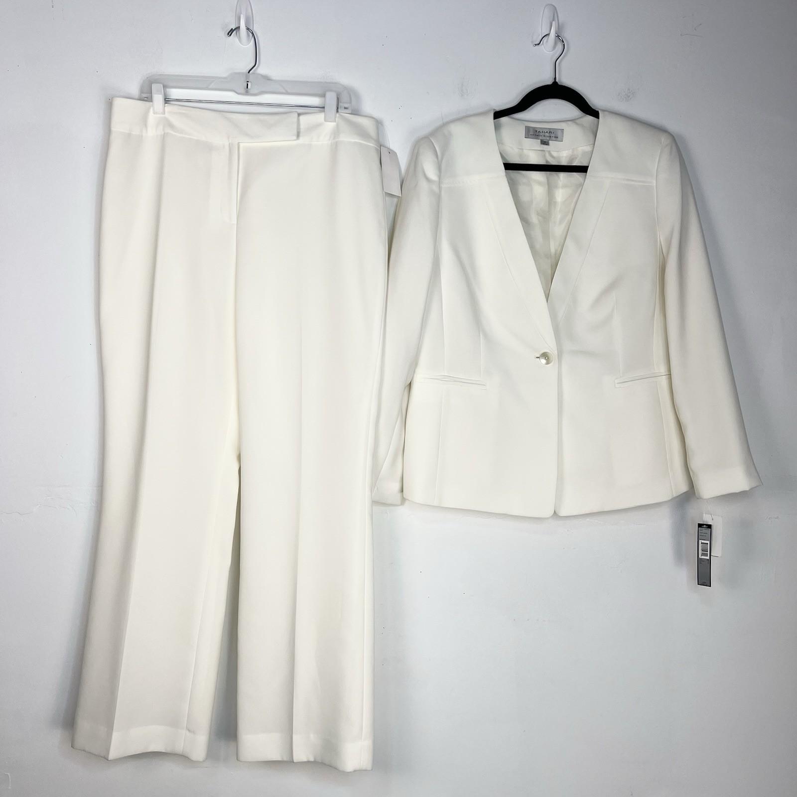 Tahari ASL Polyester Pant Suit Size 16 Off White Collarless One Button 2PC New