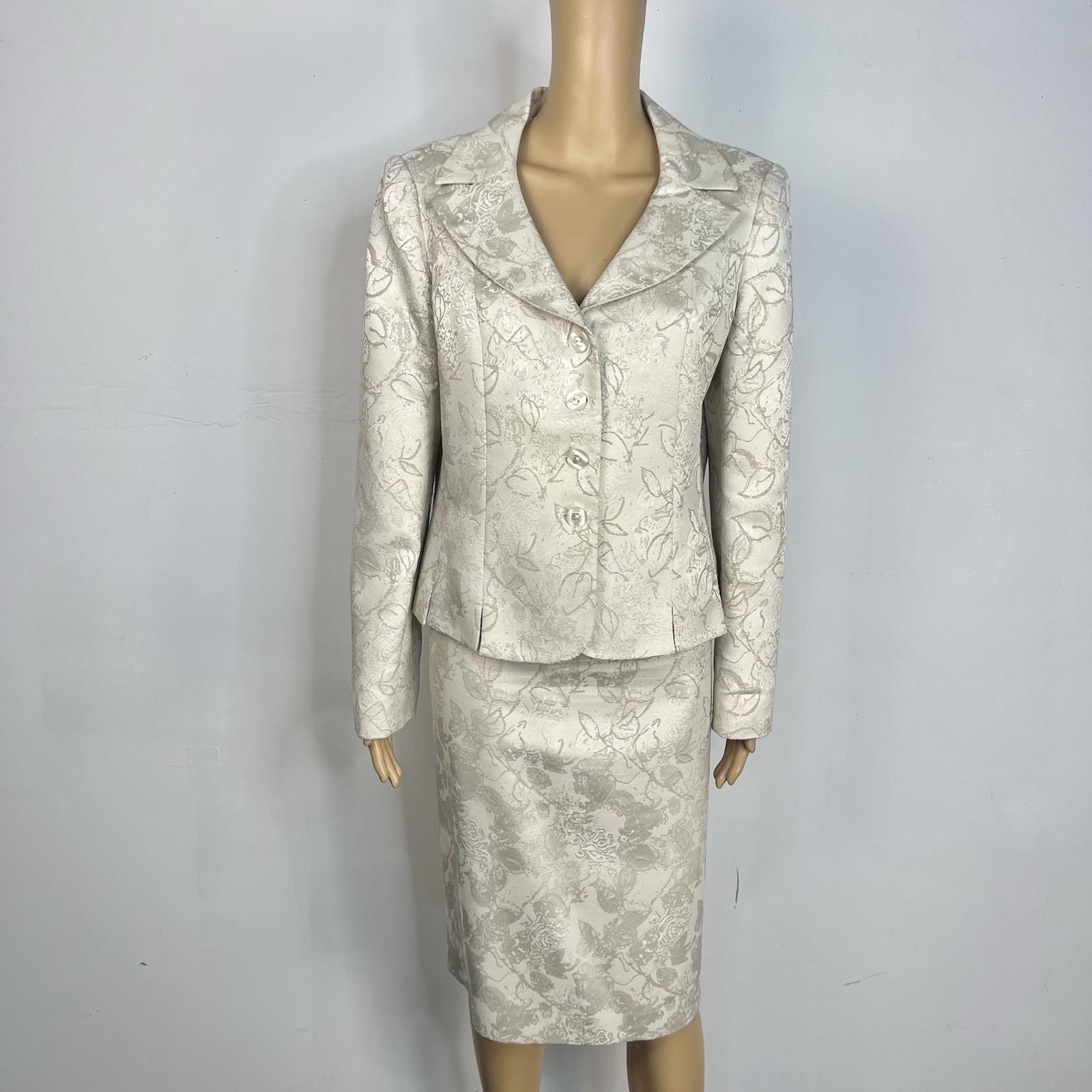 Le Suit Polyester Rayon Skirt Suit 12 Beige Floral Notch Collar Classic 2PC