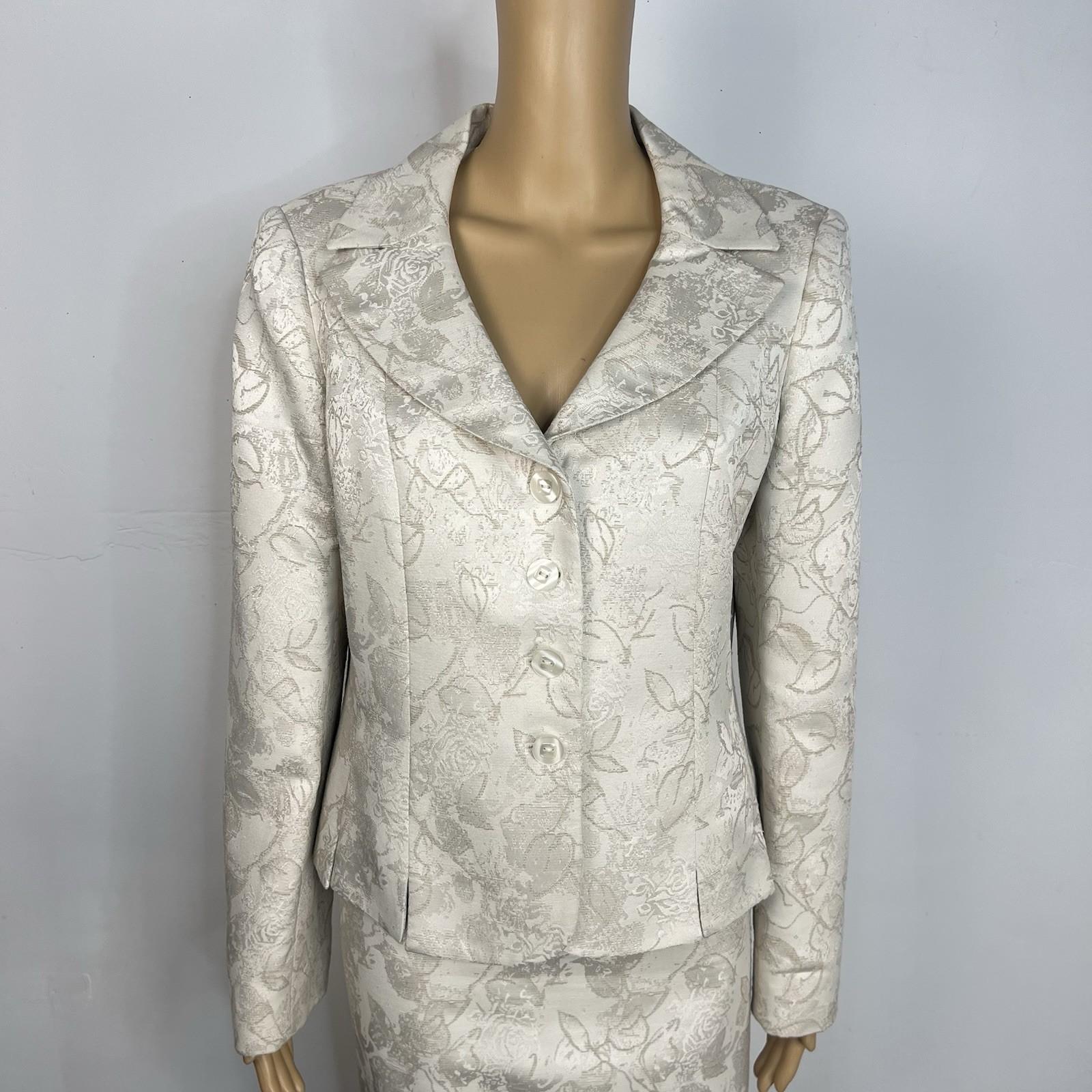 Le Suit Polyester Rayon Skirt Suit 12 Beige Floral Notch Collar Classic 2PC