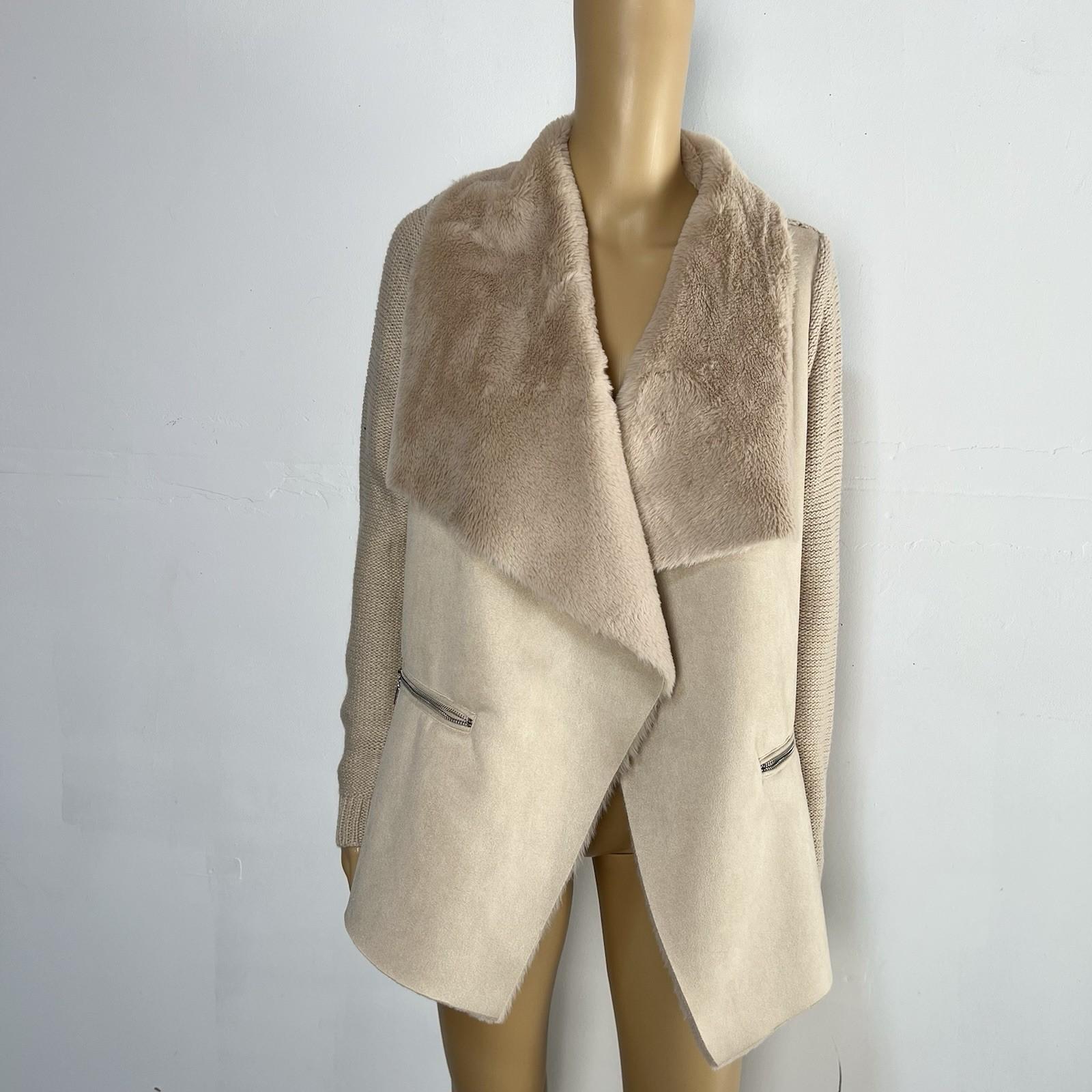 10-6091.jpg Twelfth Love Faux Fur Cardigan Sweater S Faux Suede Beige Open Front Warm Knit
