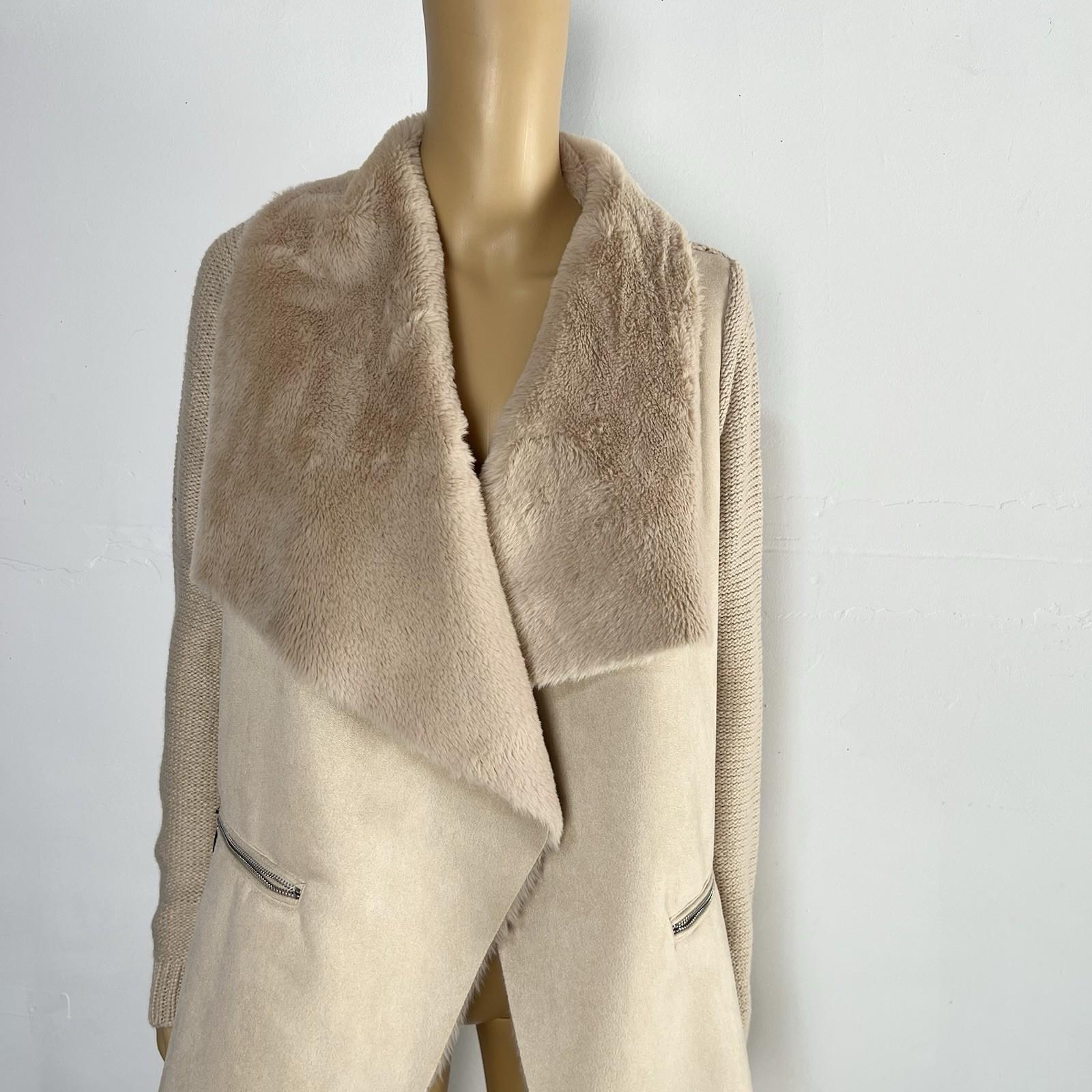 10-6092.jpg Twelfth Love Faux Fur Cardigan Sweater S Faux Suede Beige Open Front Warm Knit