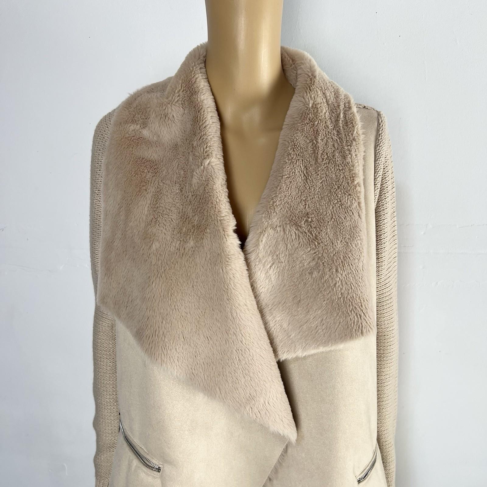 10-6093.jpg Twelfth Love Faux Fur Cardigan Sweater S Faux Suede Beige Open Front Warm Knit