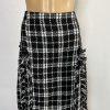 WD.NY Plaid Tweed Skirt Size L Back White High Waist Flare Fringe Preppy Career