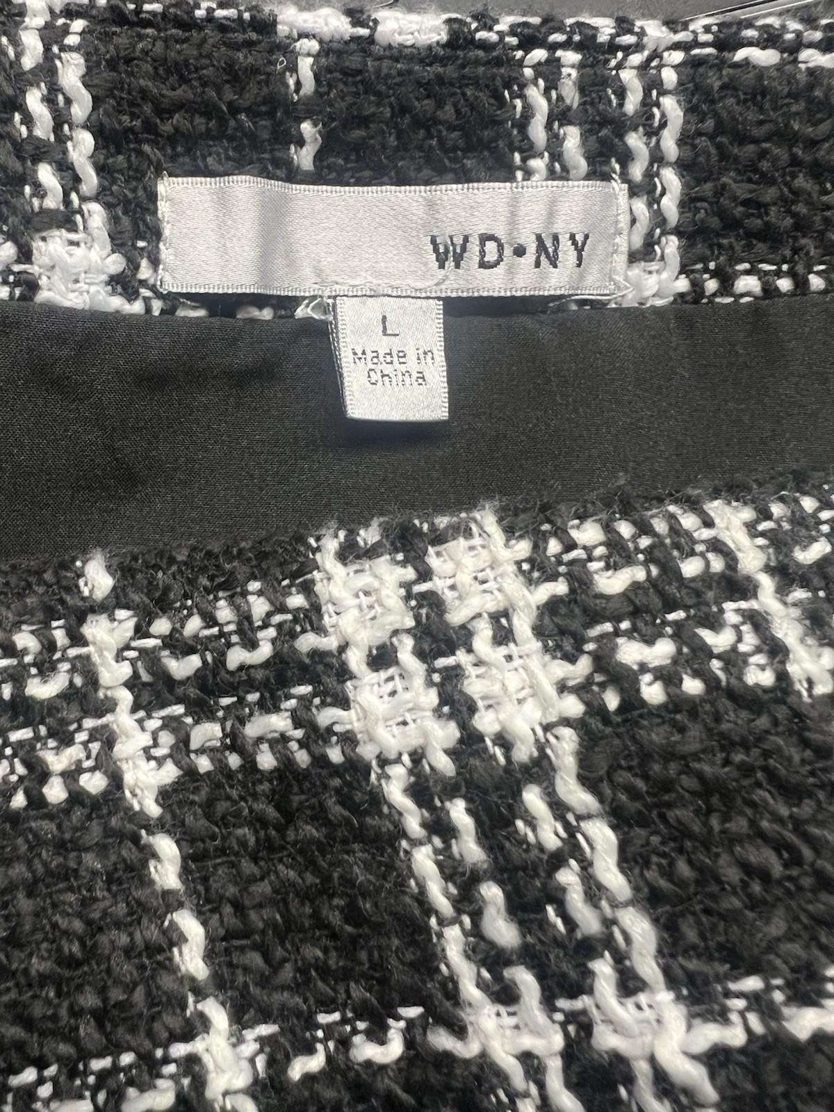 WD.NY Plaid Tweed Skirt Size L Back White High Waist Flare Fringe Preppy Career