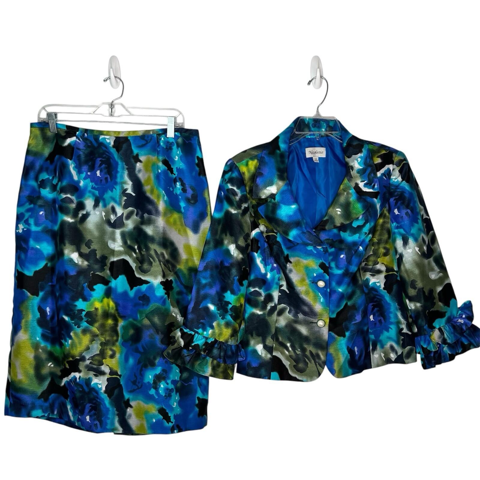 Nicolette Polyester Skirt Suit 12 Blue Floral Ruffle Bell Sleeve Lined Cocktail