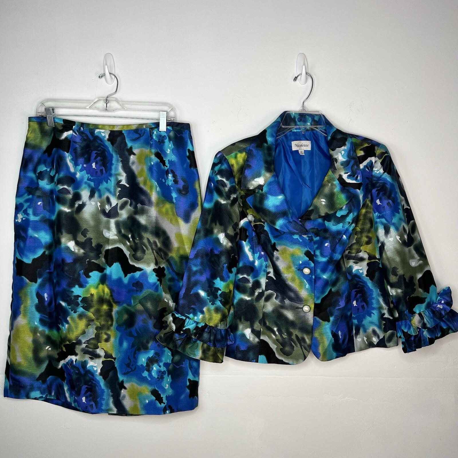 Nicolette Polyester Skirt Suit 12 Blue Floral Ruffle Bell Sleeve Lined Cocktail