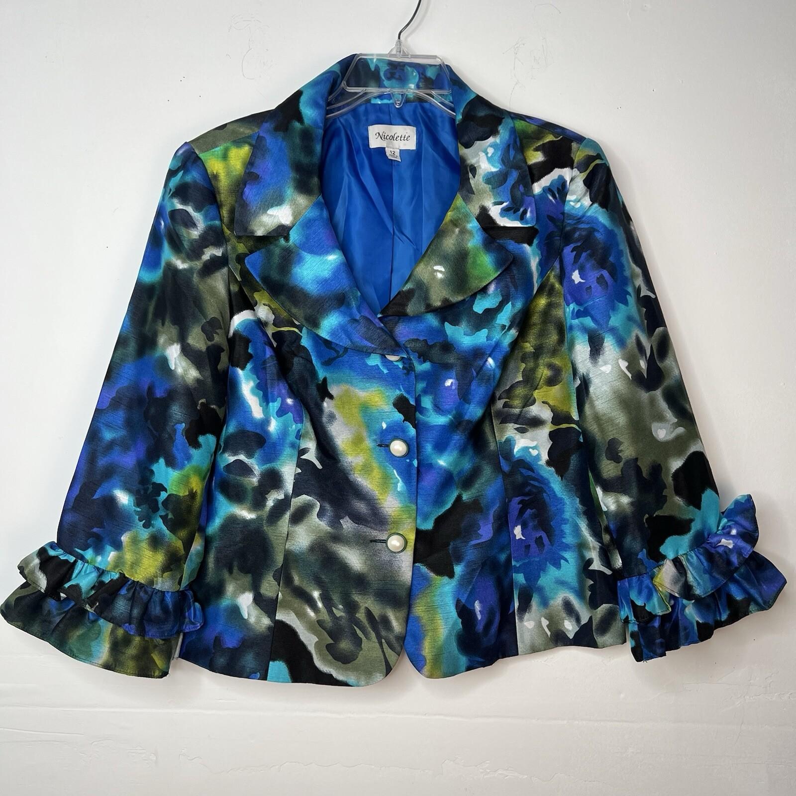 Nicolette Polyester Skirt Suit 12 Blue Floral Ruffle Bell Sleeve Lined Cocktail