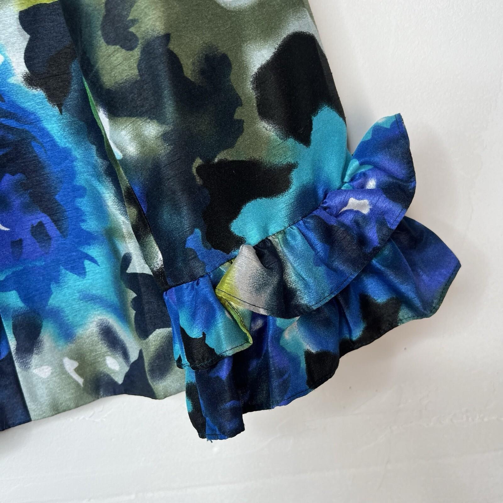 Nicolette Polyester Skirt Suit 12 Blue Floral Ruffle Bell Sleeve Lined Cocktail