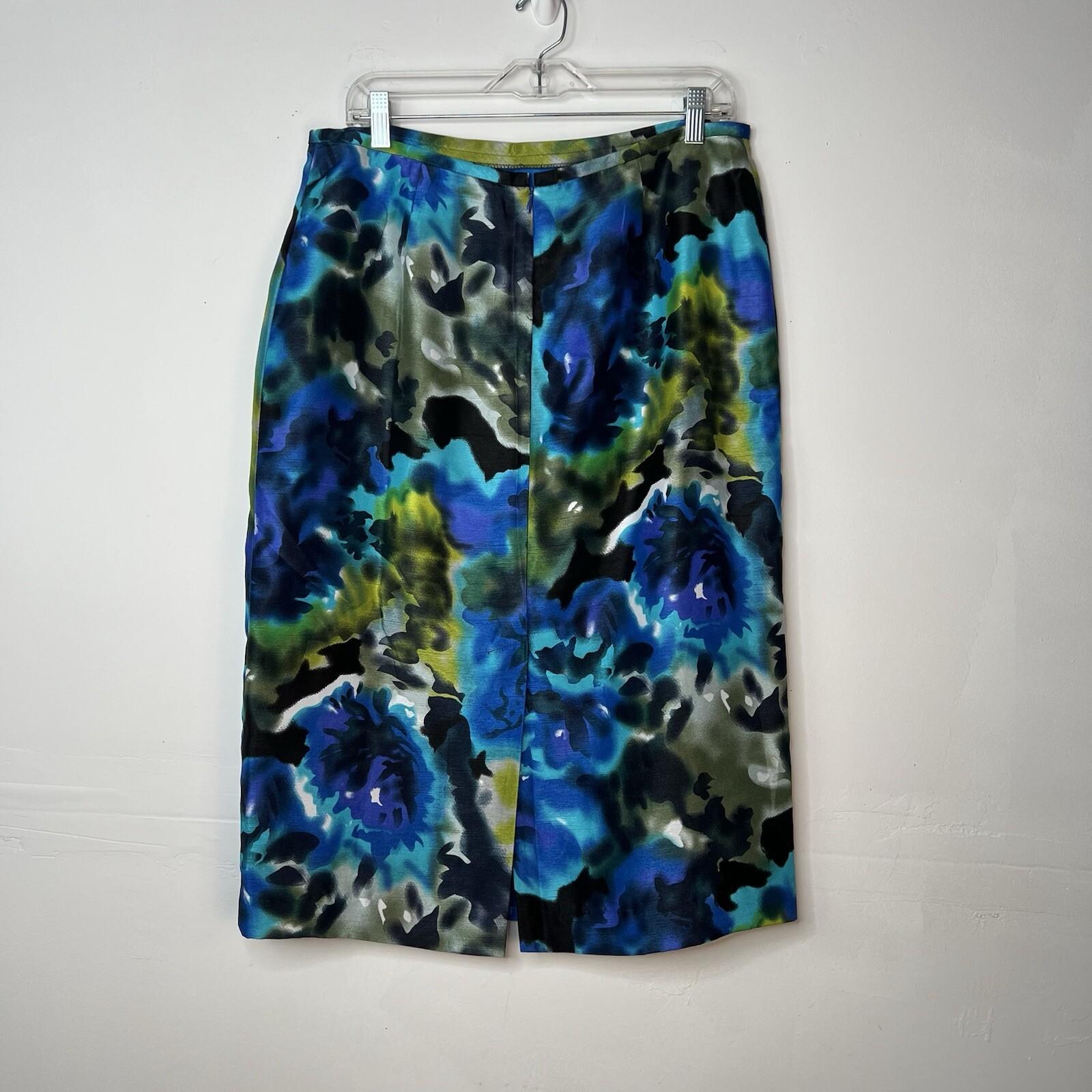 Nicolette Polyester Skirt Suit 12 Blue Floral Ruffle Bell Sleeve Lined Cocktail