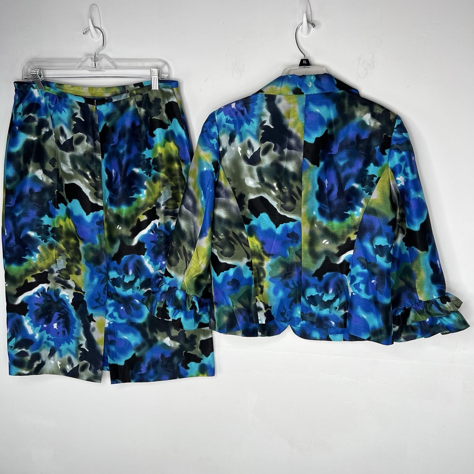 Nicolette Polyester Skirt Suit 12 Blue Floral Ruffle Bell Sleeve Lined Cocktail