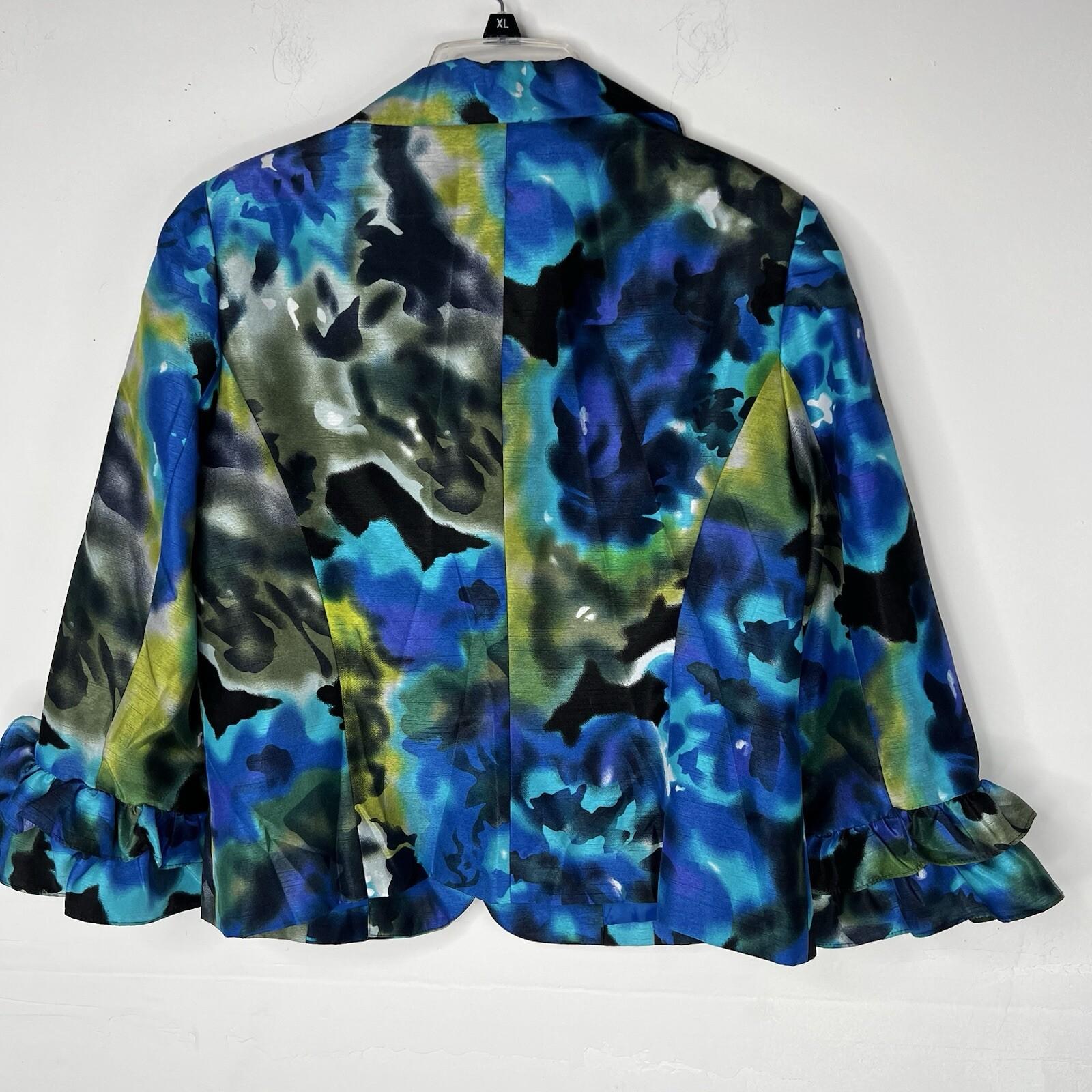Nicolette Polyester Skirt Suit 12 Blue Floral Ruffle Bell Sleeve Lined Cocktail